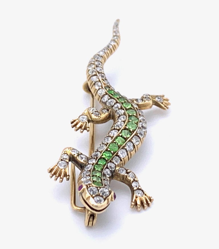 Women's or Men's Antique Diamond Demantoid Lizard Gold Brooch For Sale