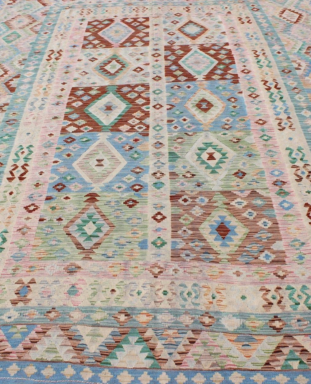 Wool Geometric Flat Weave Kilim Rug in Blue, Green, Cream & Pink with Diamond Design  For Sale