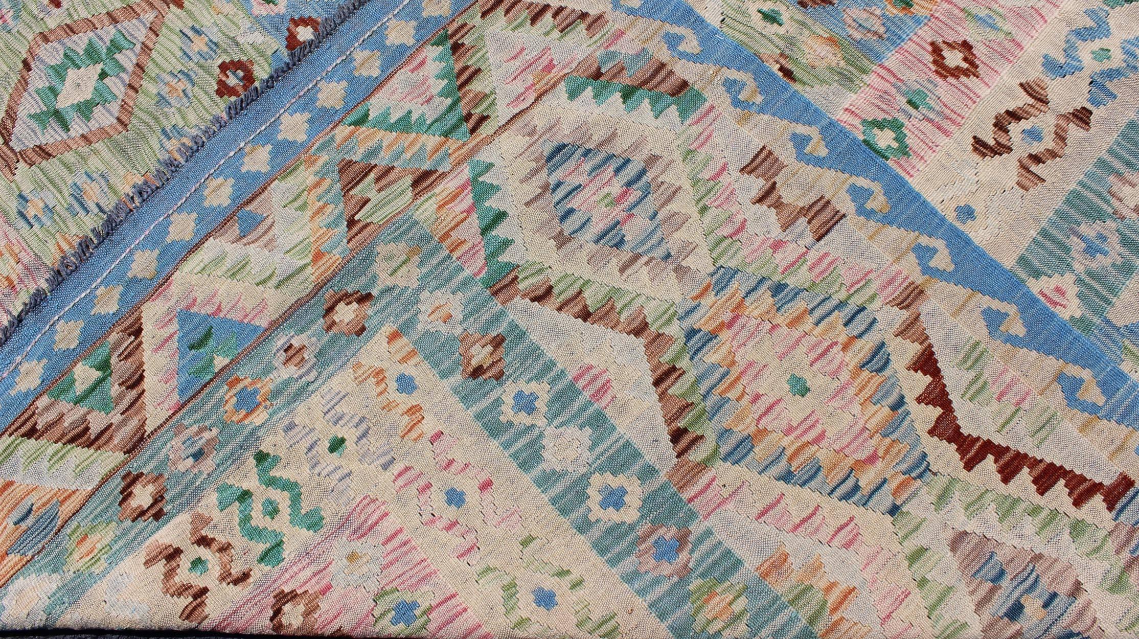 Geometric Flat Weave Kilim Rug in Blue, Green, Cream & Pink with Diamond Design For Sale 1