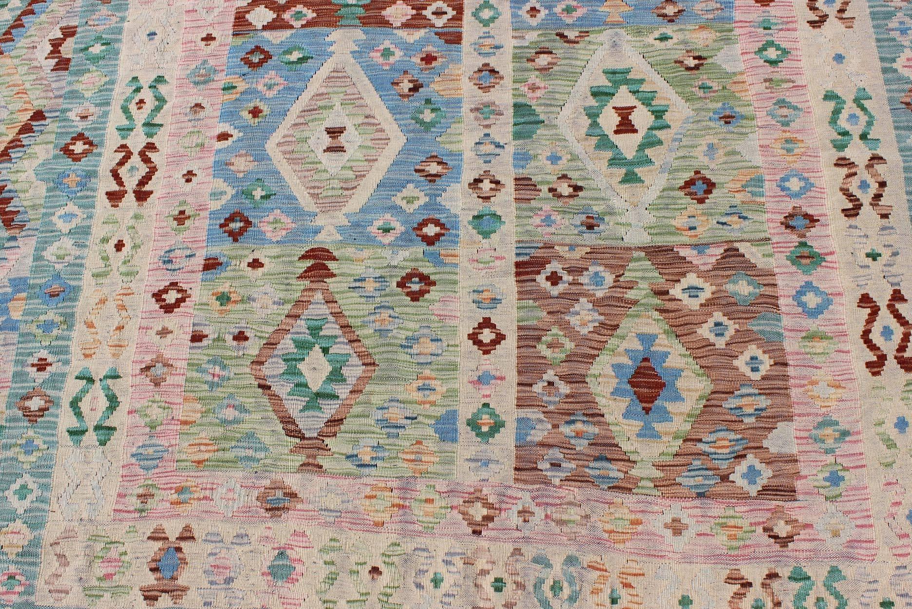 Afghan Geometric Flat Weave Kilim Rug in Blue, Green, Cream & Pink with Diamond Design  For Sale