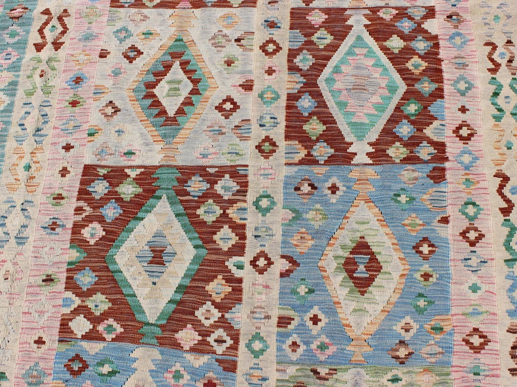 Hand-Woven Geometric Flat Weave Kilim Rug in Blue, Green, Cream & Pink with Diamond Design  For Sale