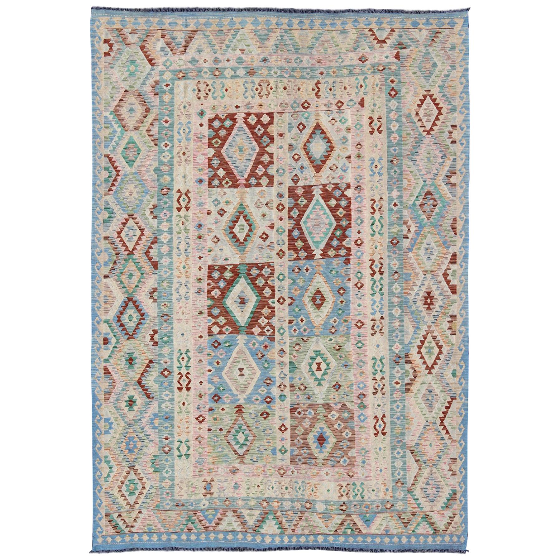 Geometric Flat Weave Kilim Rug in Blue, Green, Cream & Pink with Diamond Design 