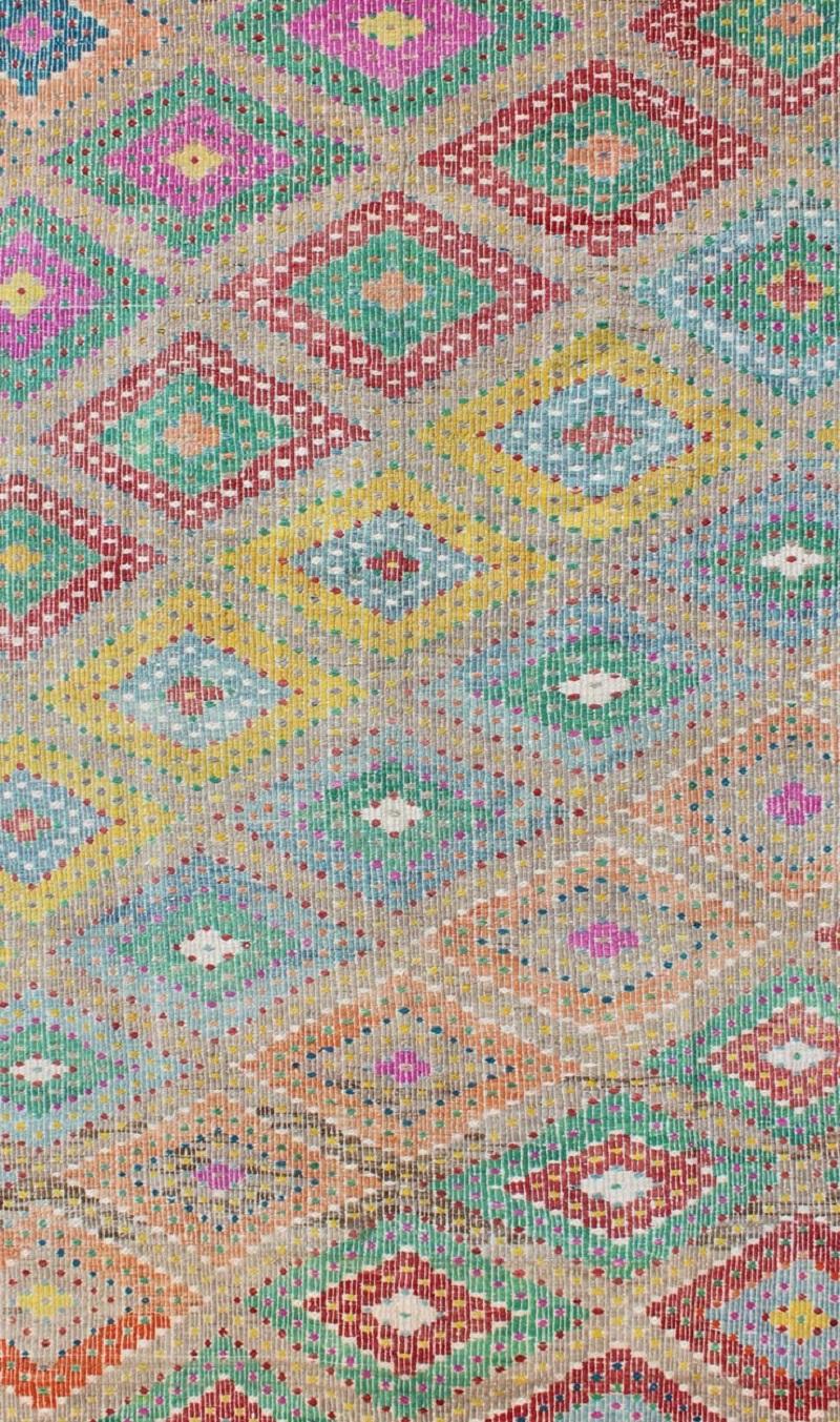 Hand-Woven Colorful Turkish Embroidered Kilim Vintage Rug in Diamond Design & Vivid Colors For Sale