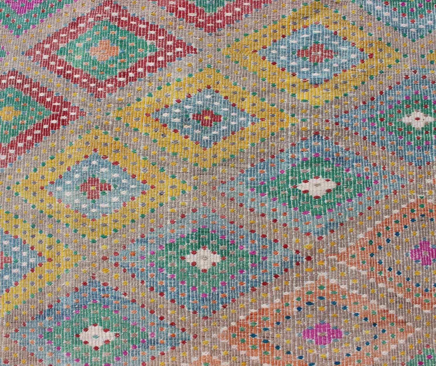 Wool Colorful Turkish Embroidered Kilim Vintage Rug in Diamond Design & Vivid Colors For Sale
