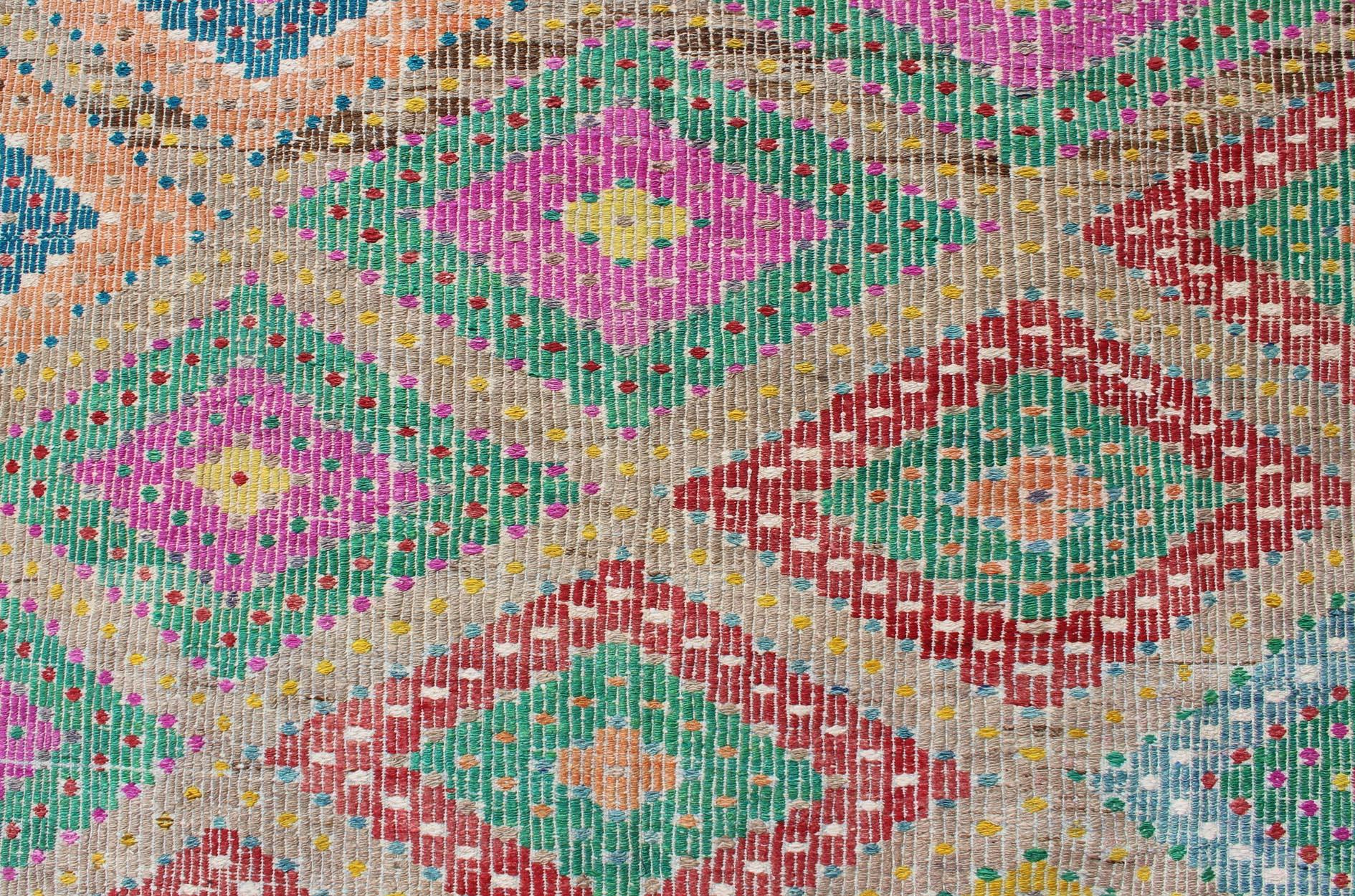 Colorful Turkish Embroidered Kilim Vintage Rug in Diamond Design & Vivid Colors For Sale 1