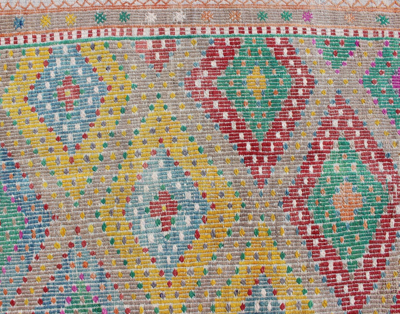 Colorful Turkish Embroidered Kilim Vintage Rug in Diamond Design & Vivid Colors For Sale 2