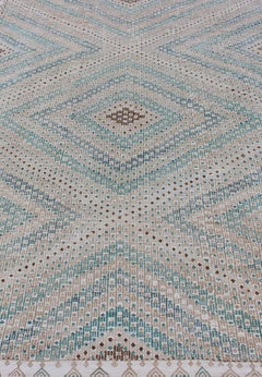 Diamond Design Vintage Turkish Embroidered Kilim in Tan, Blue, and Light Green