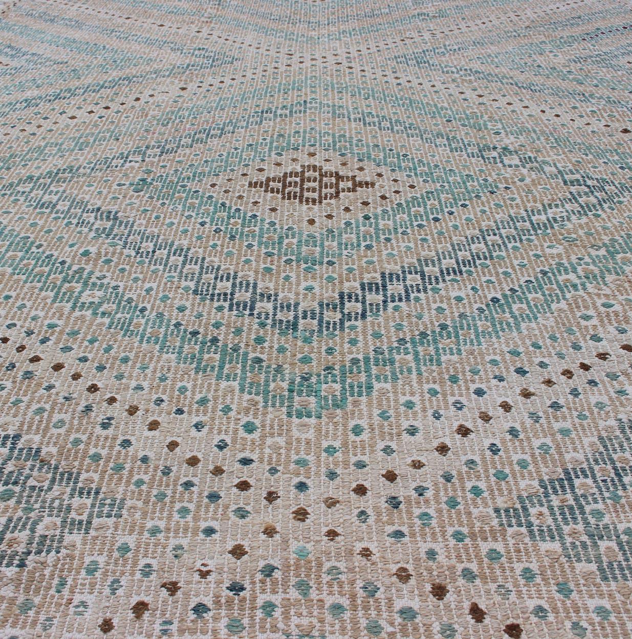 Hand-Woven Diamond Design Vintage Turkish Embroidered Kilim in Tan, Blue, and Light Green For Sale