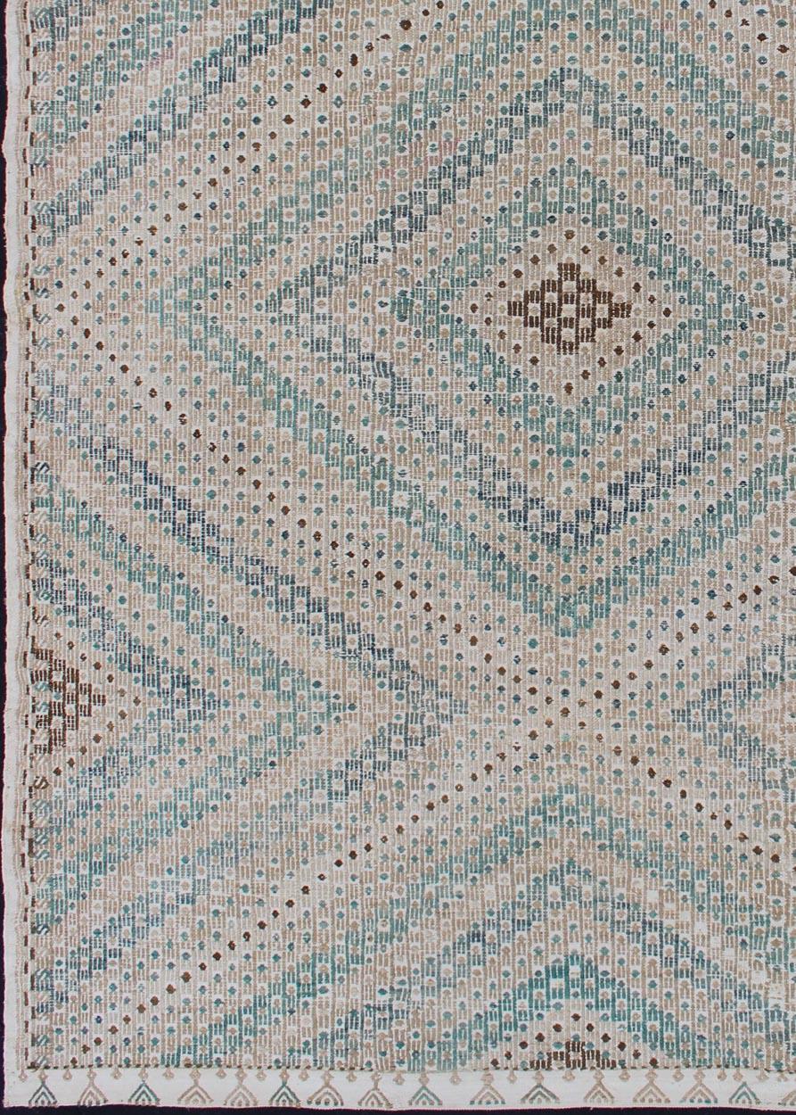 Diamond Design Vintage Turkish Embroidered Kilim in Tan, Blue, and Light Green For Sale 2