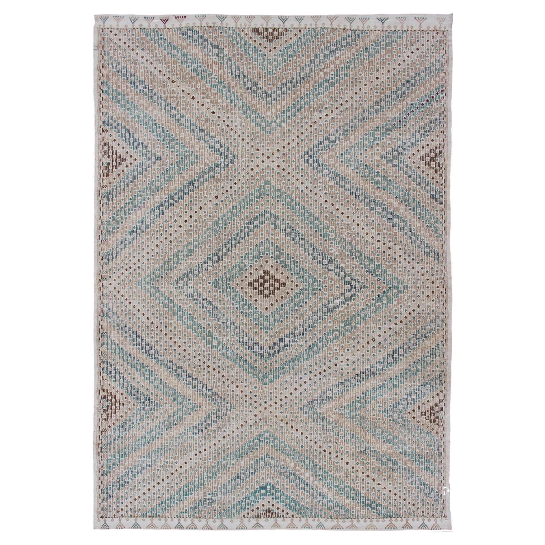 Diamond Design Vintage Turkish Embroidered Kilim in Tan, Blue, and Light Green For Sale