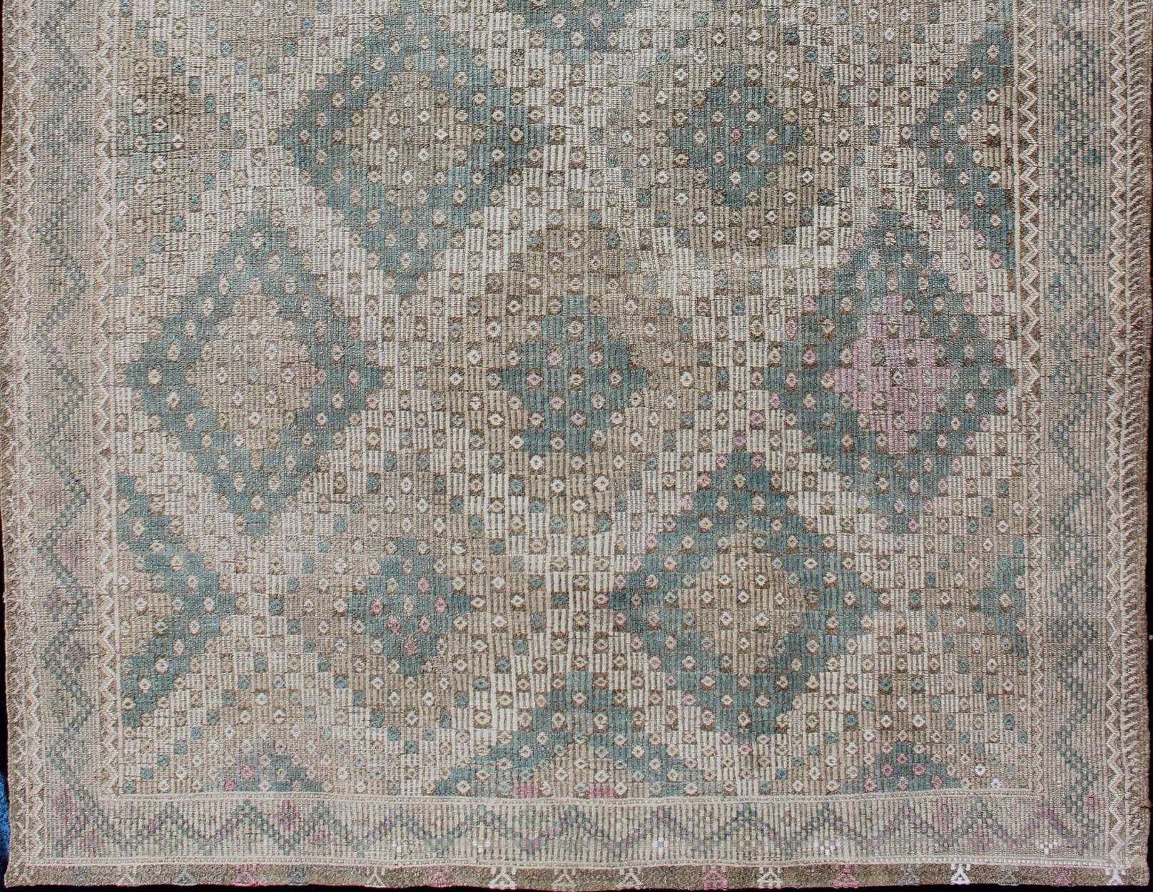 Hand-Woven Diamond Design Vintage Turkish Embroidered Kilim in Light Teal blue, Tan, Brown For Sale
