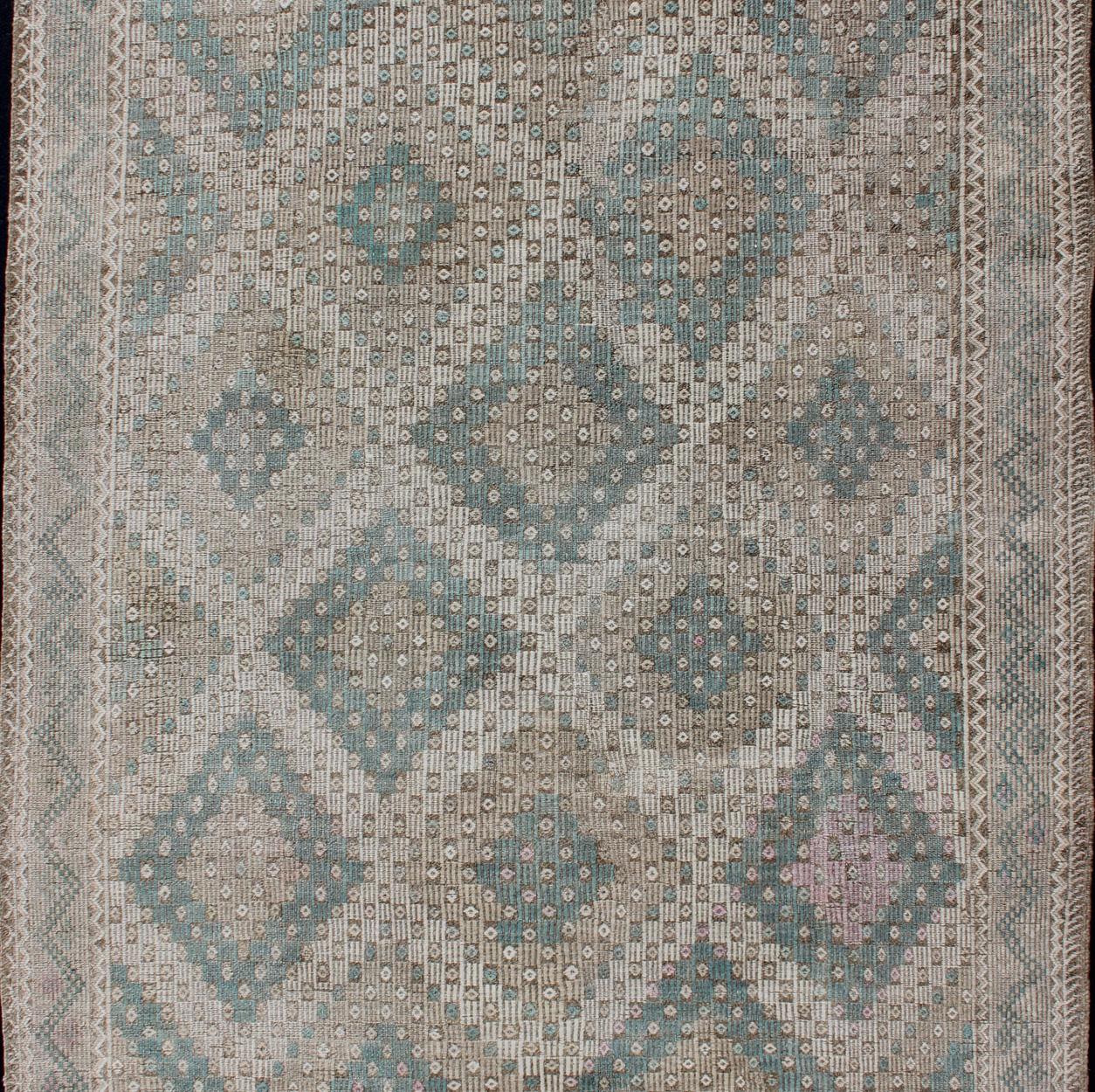 Diamond Design Vintage Turkish Embroidered Kilim in Light Teal blue, Tan, Brown In Excellent Condition For Sale In Atlanta, GA