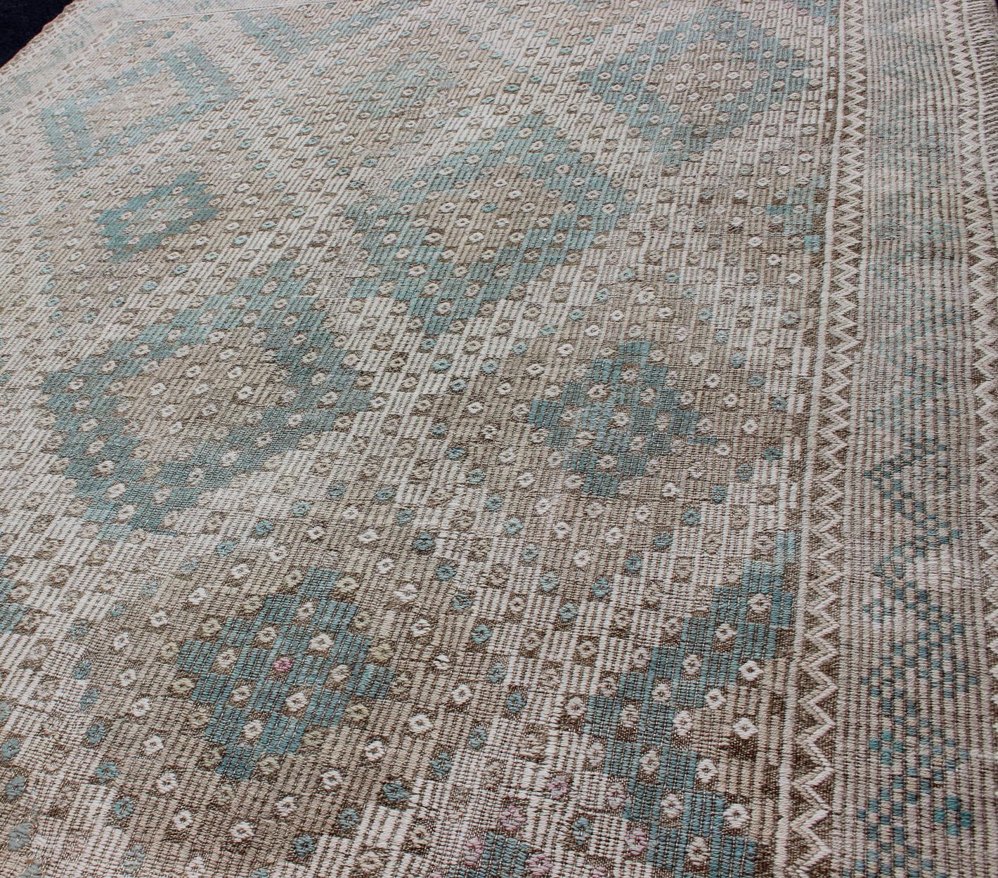 20th Century Diamond Design Vintage Turkish Embroidered Kilim in Light Teal blue, Tan, Brown For Sale