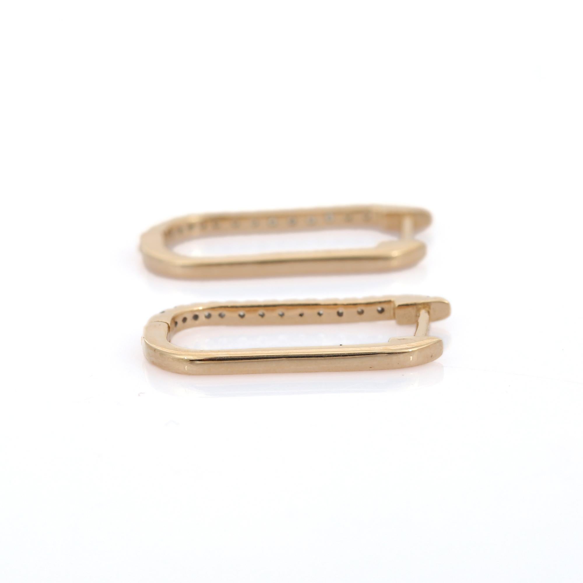 Diamond Designer Block Hoop Earrings in 14K Yellow Gold In New Condition In Houston, TX