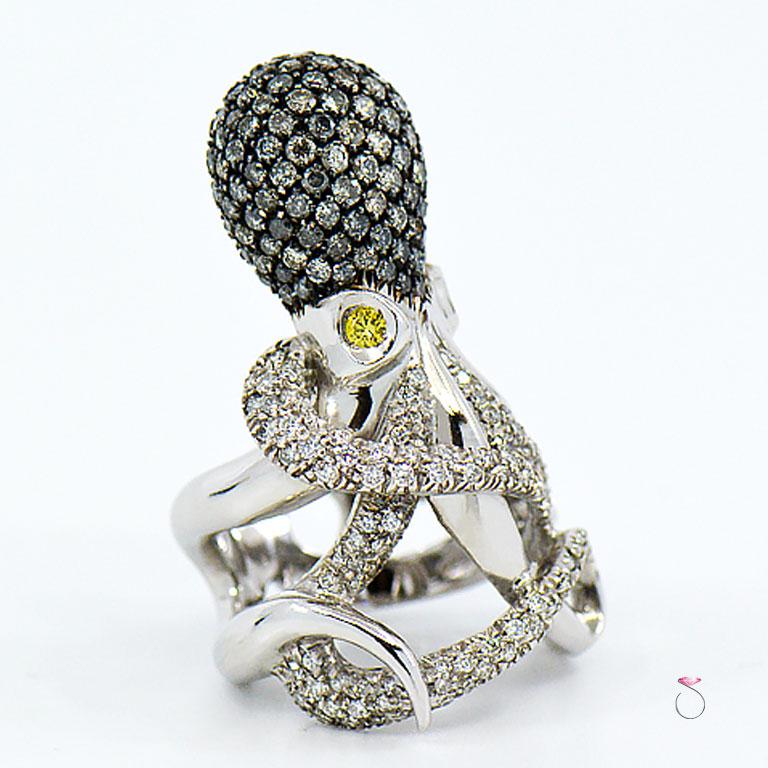 Stunning White, Gray & Yellow diamond ring in 18k white gold by Italian design house Assor Gioielli. This ring features a beautiful Octopus design. The octopus head and legs are pave' set with diamonds. The head is covered in gray diamonds and the
