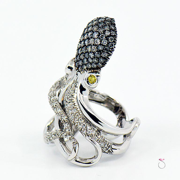 Anillo Pulpo de Diamantes de Diseño en Oro Blanco de 18 Kilates Corte redondo en venta