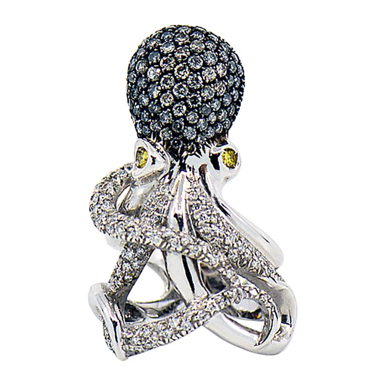 Diamond Designer Octopus Ring in 18 Karat White Gold For Sale