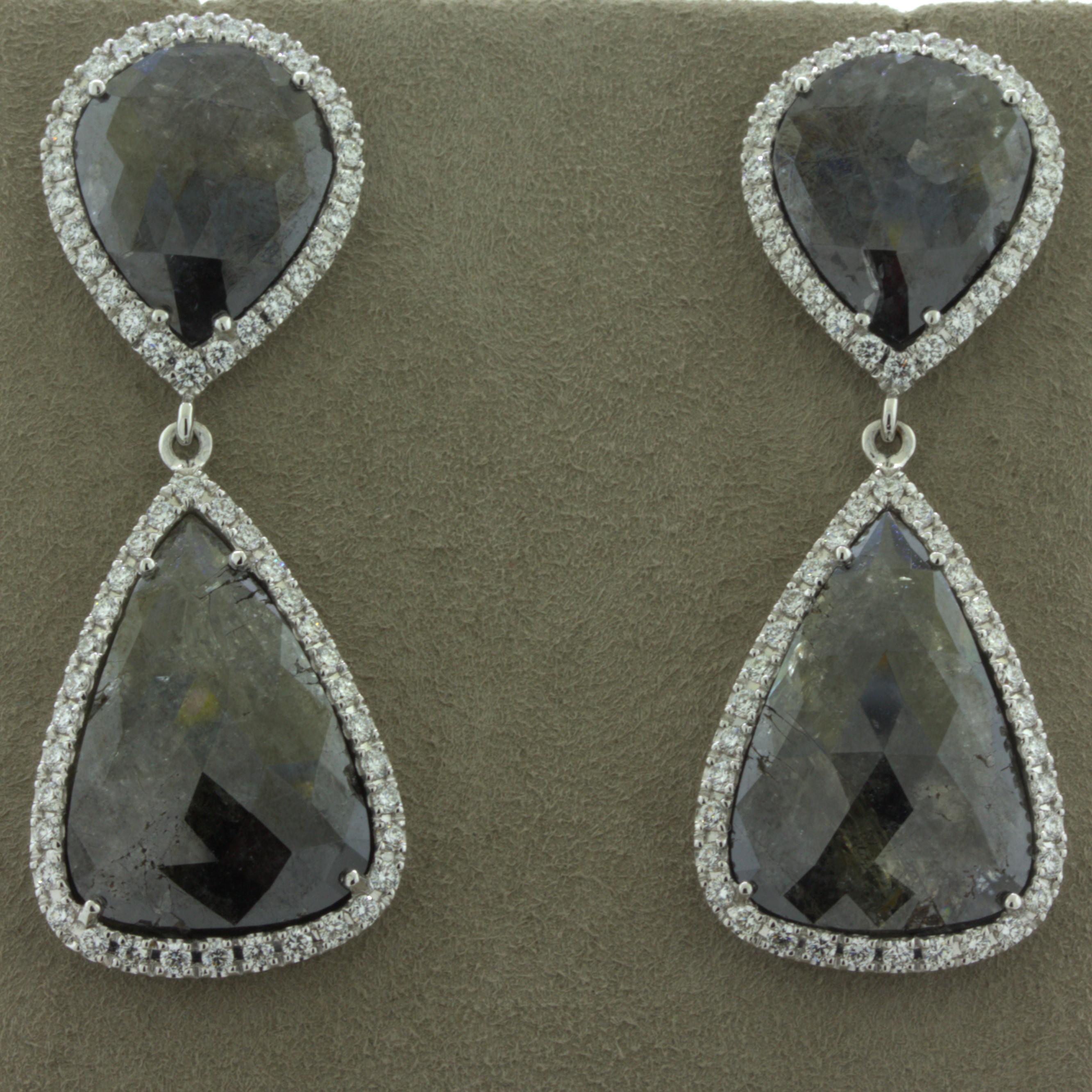 Rose Cut Diamond & Diamond Slice 18k White Gold Drop Earrings For Sale