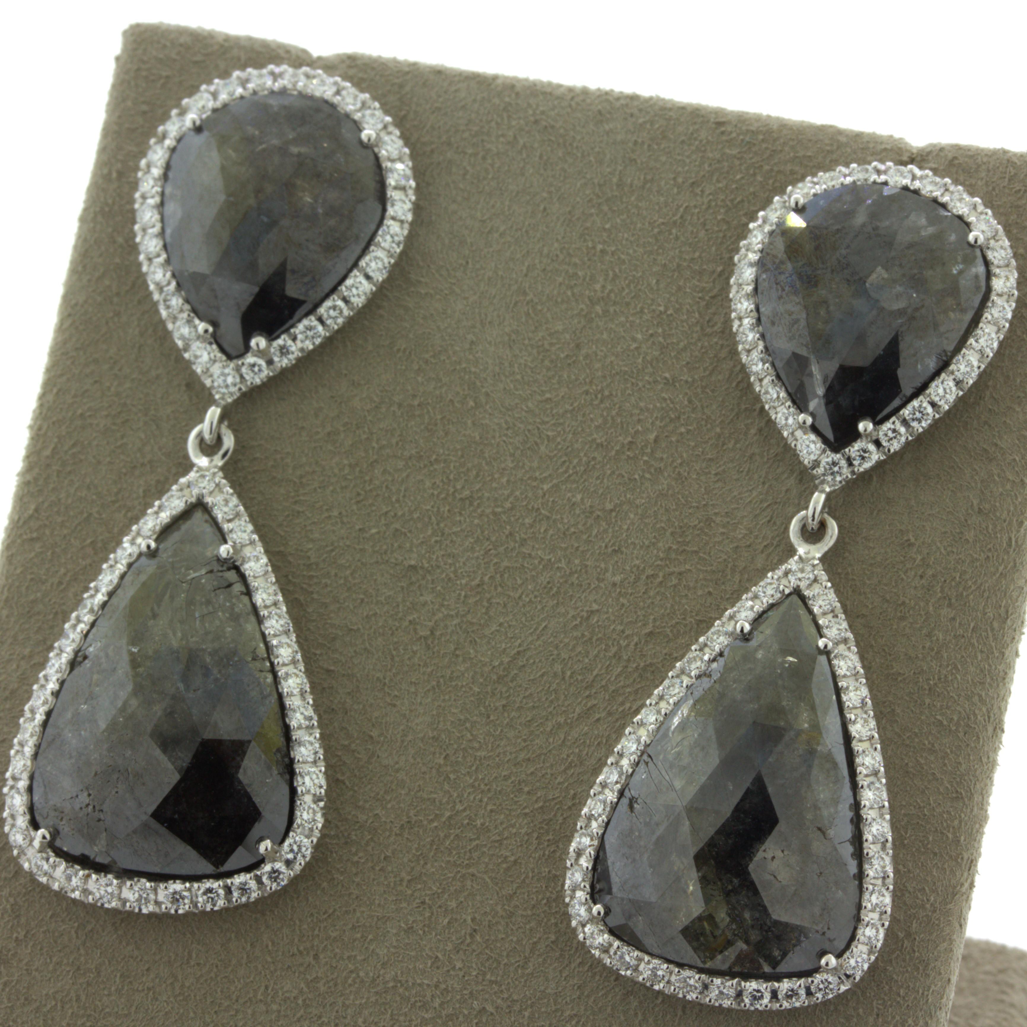 Diamond & Diamond Slice 18k White Gold Drop Earrings In New Condition For Sale In Beverly Hills, CA