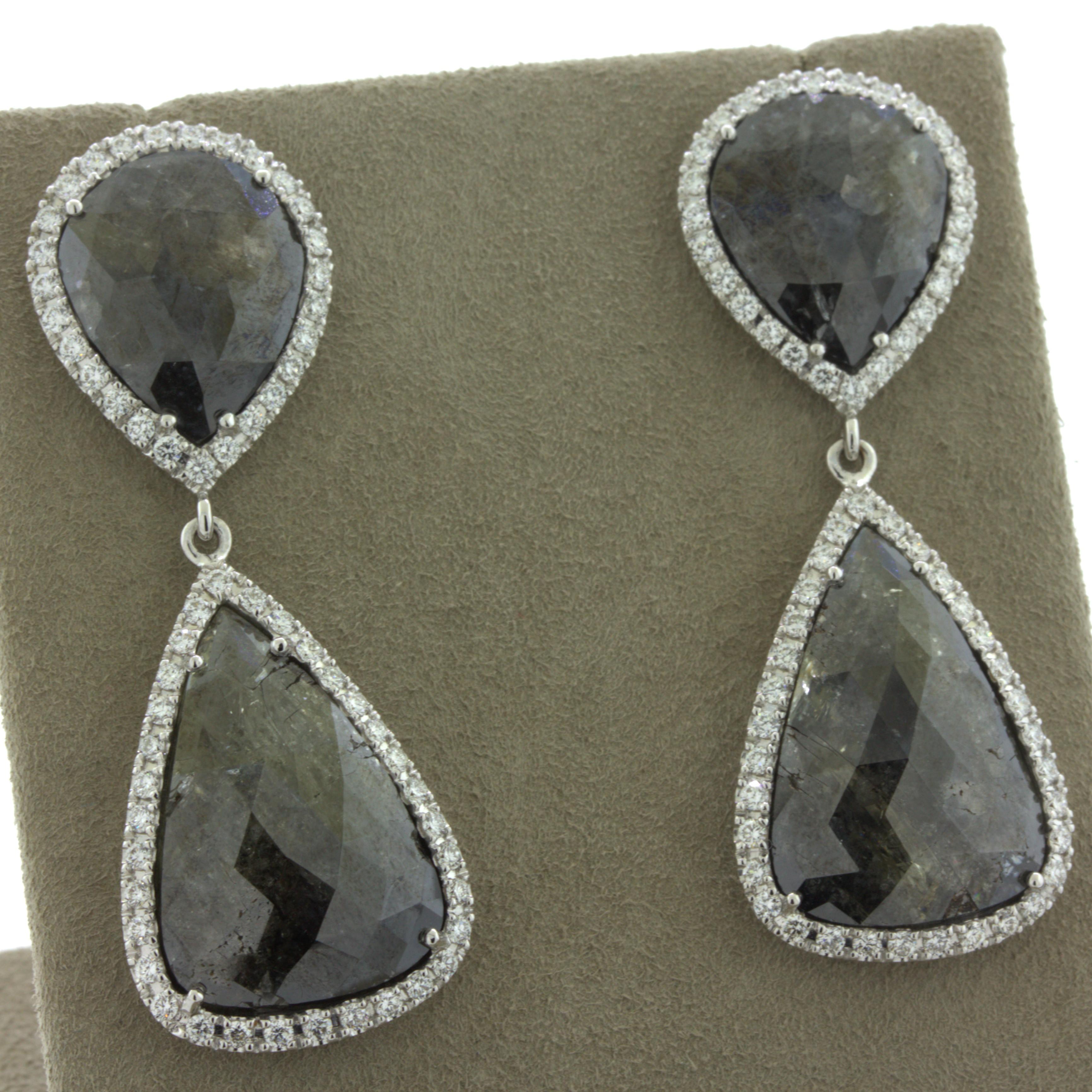 Women's Diamond & Diamond Slice 18k White Gold Drop Earrings For Sale