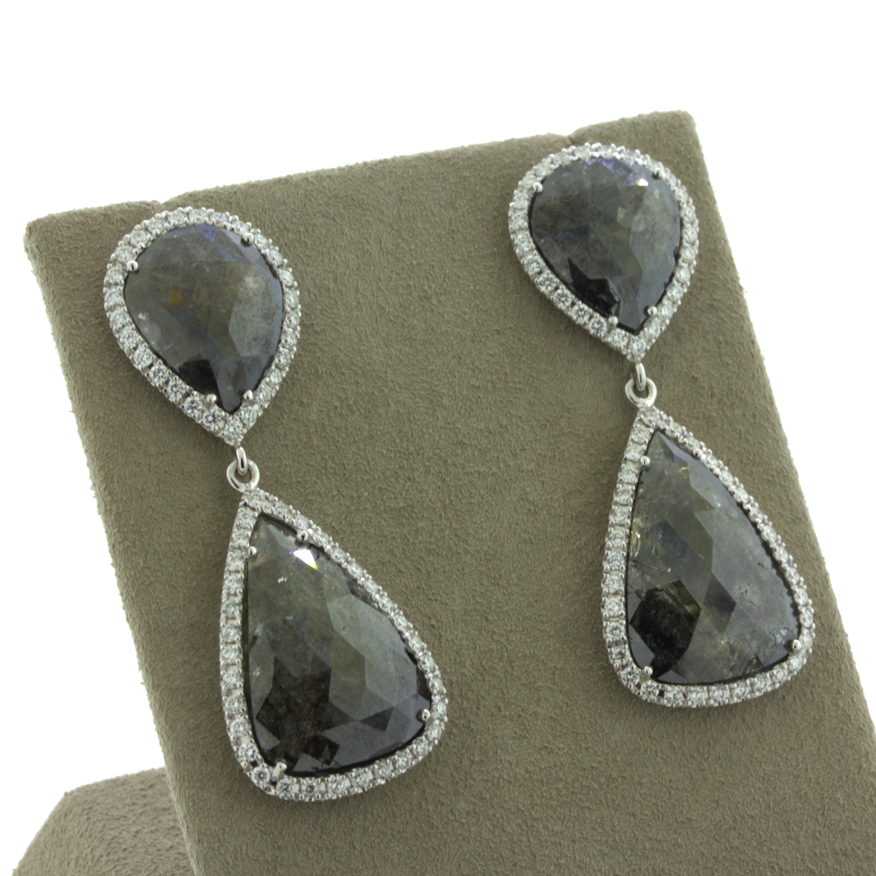 Diamond & Diamond Slice 18k White Gold Drop Earrings For Sale 1