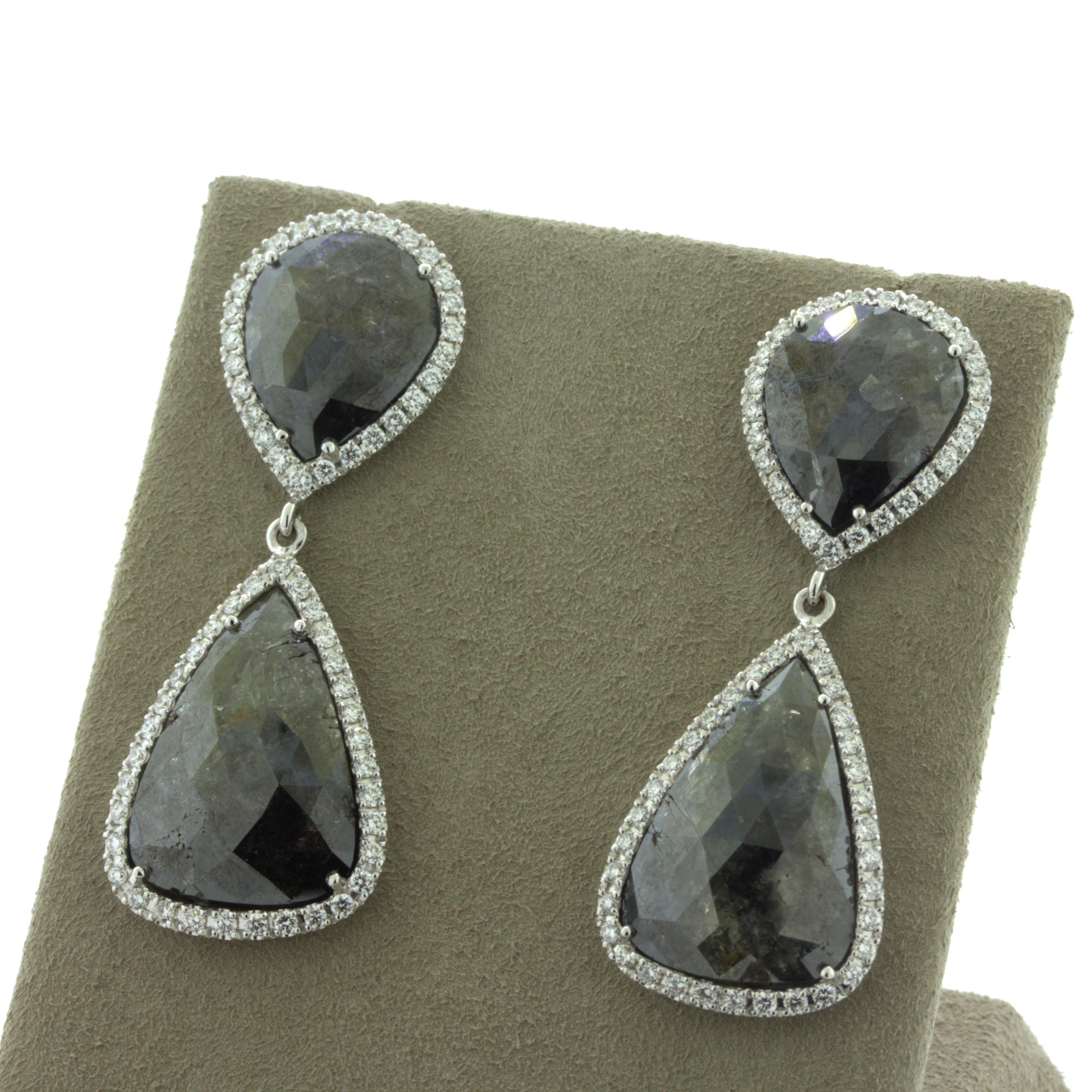 Diamond & Diamond Slice 18k White Gold Drop Earrings For Sale 2