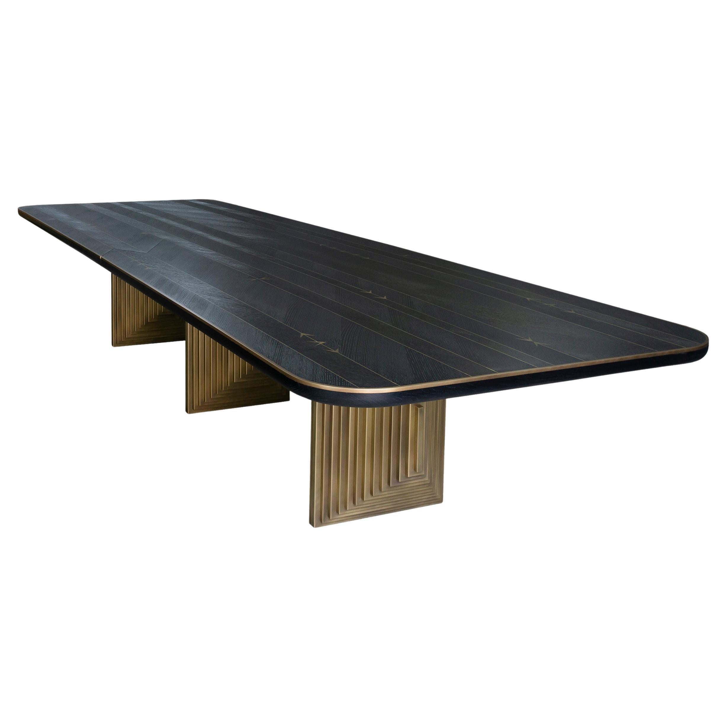 "Diamond" dining table made of French Oak tinted black and oxidized brass legs For Sale
