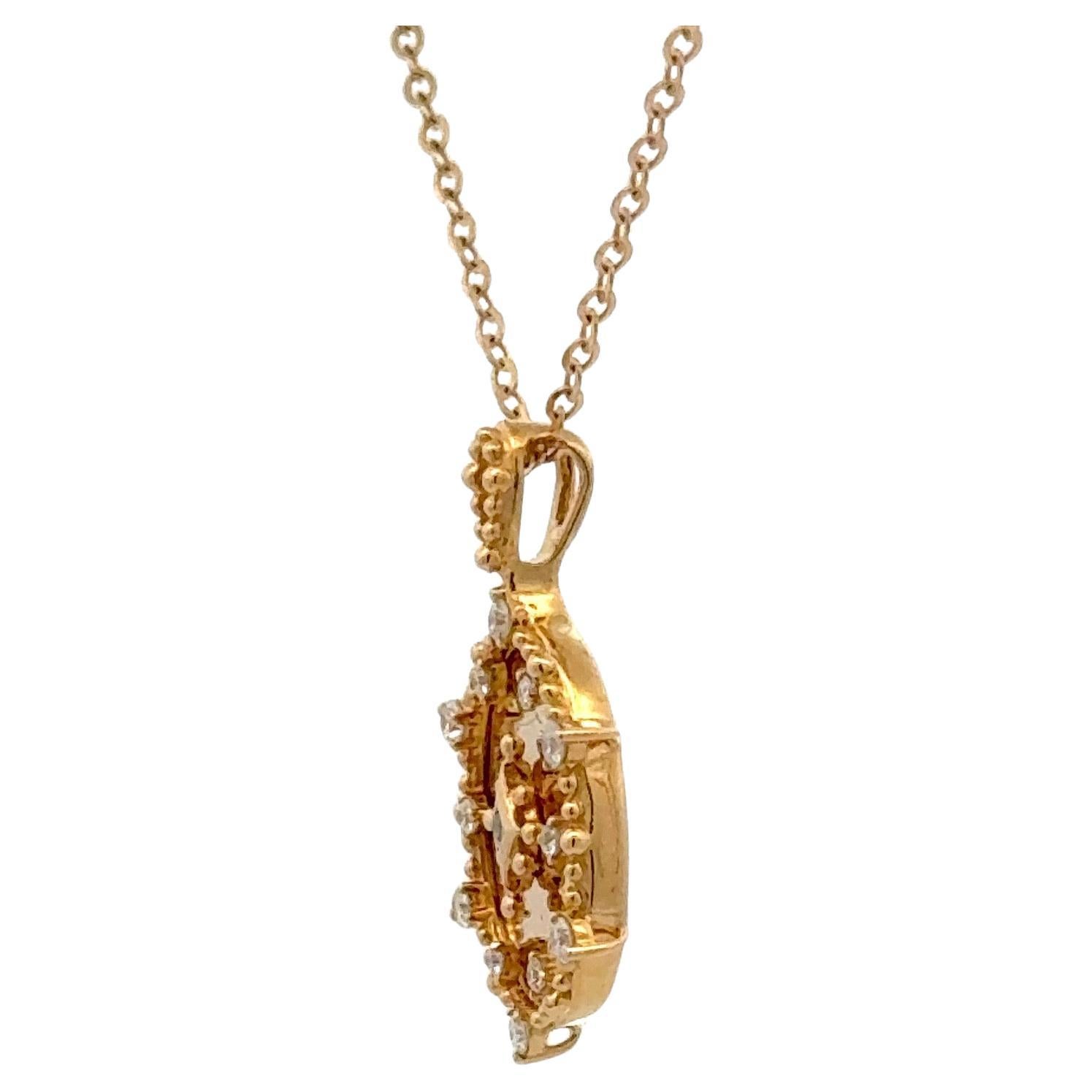 Round Cut Diamond Disc Beaded Oval Pendant Necklace 0.15 Carats 18KT Yellow Gold 3.2 Grams For Sale
