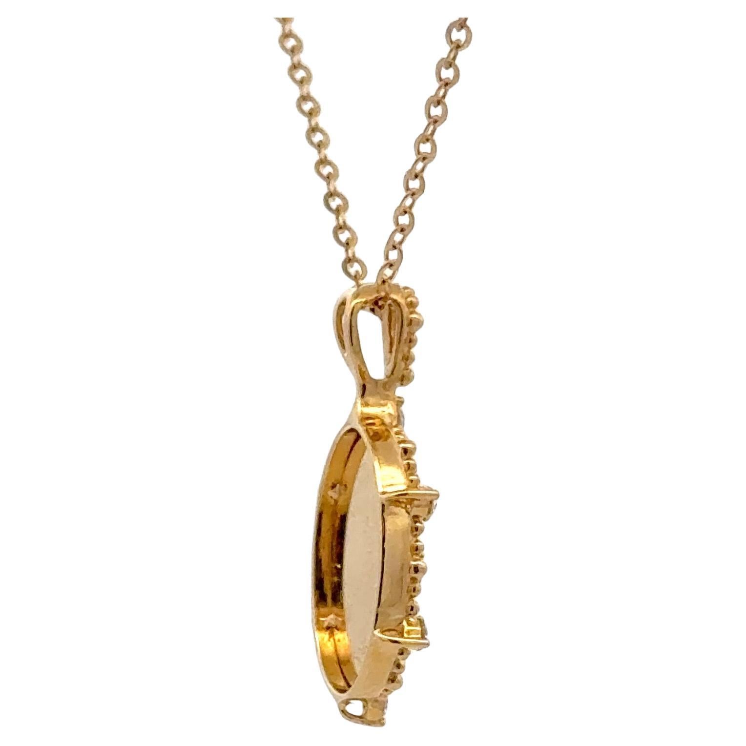 Women's Diamond Disc Beaded Oval Pendant Necklace 0.15 Carats 18KT Yellow Gold 3.2 Grams For Sale