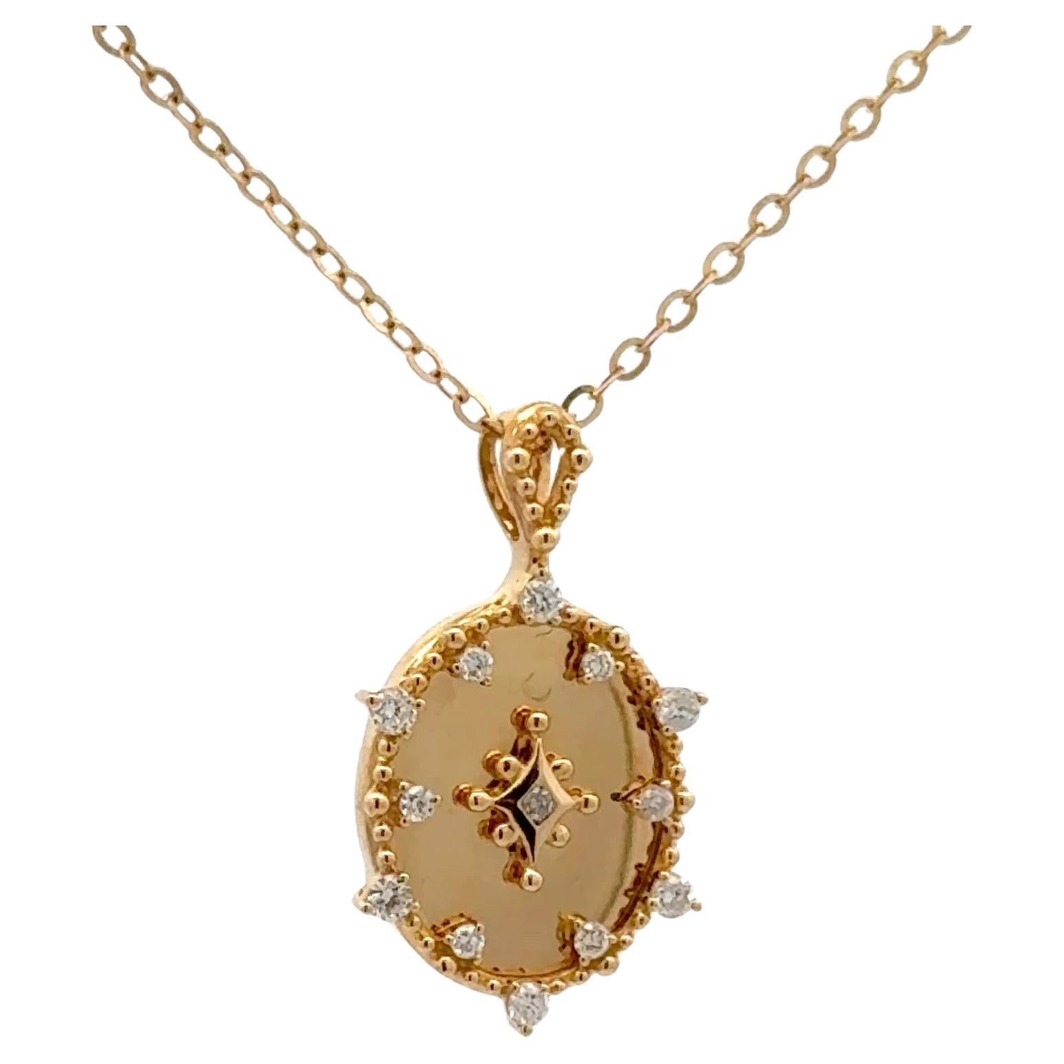 Diamond Disc Beaded Oval Pendant Necklace 0.15 Carats 18KT Yellow Gold 3.2 Grams For Sale