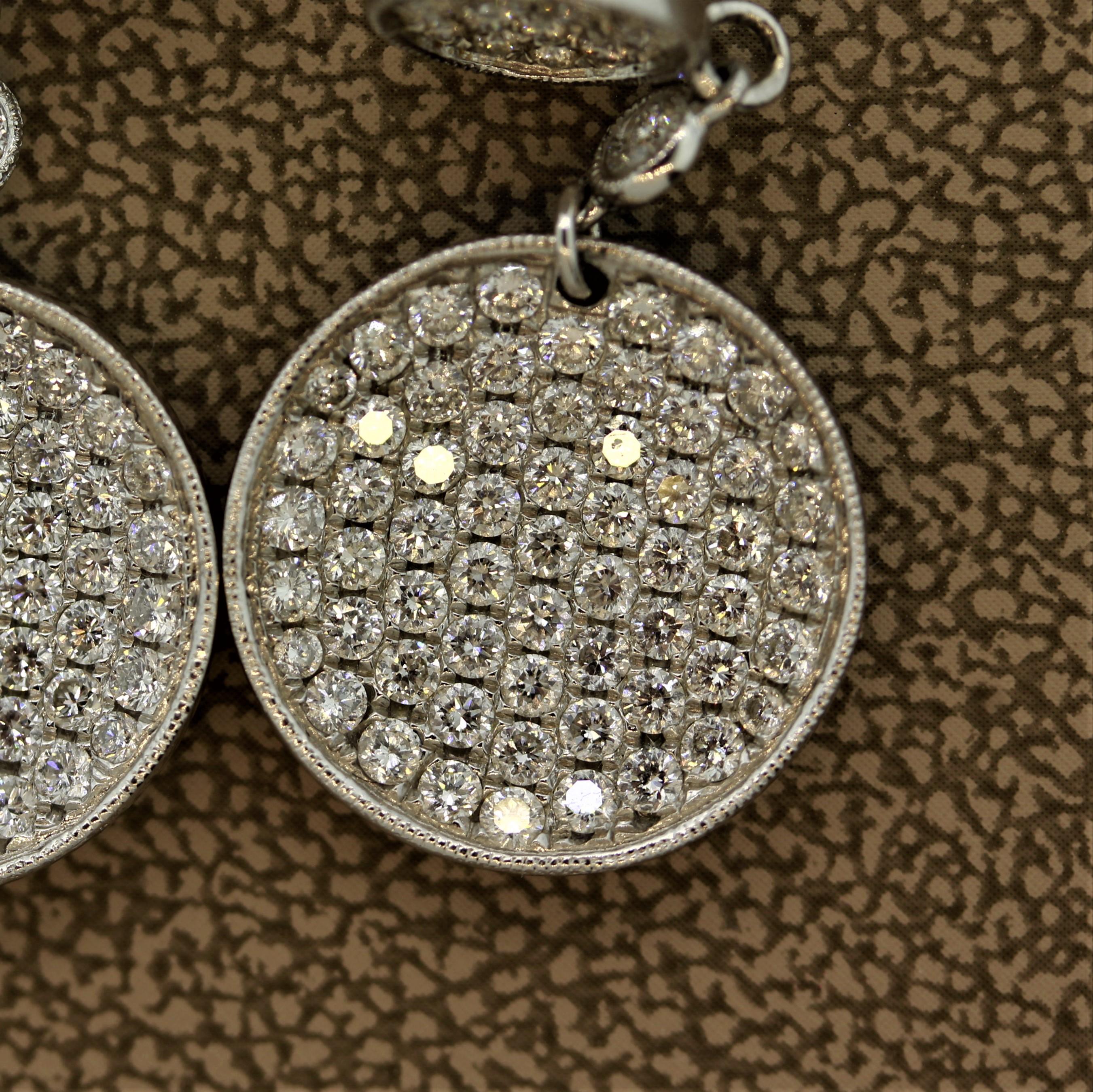 Round Cut Diamond Disc Gold Drop Earrings For Sale