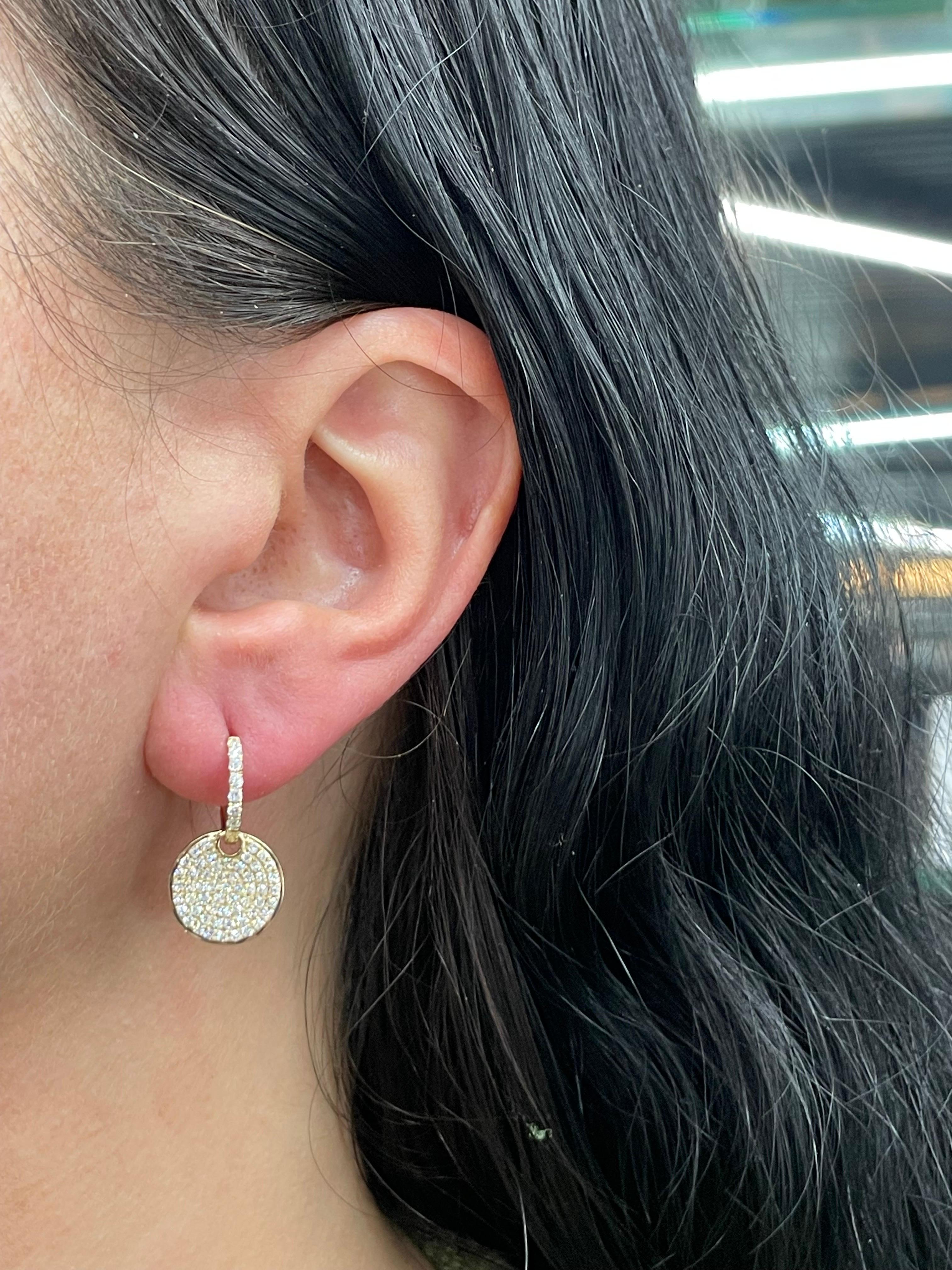 Women's Diamond Disc Hoop Earrings 0.89 Carats 14 Karat Yellow Gold 3.8 Grams For Sale