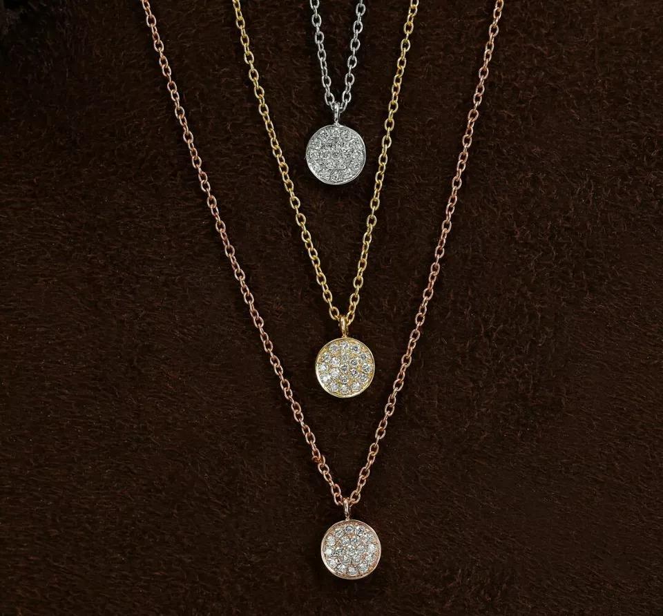 Round Cut Diamond Disc Necklace in 14k Solid Gold Dainty Round Pendant For Sale