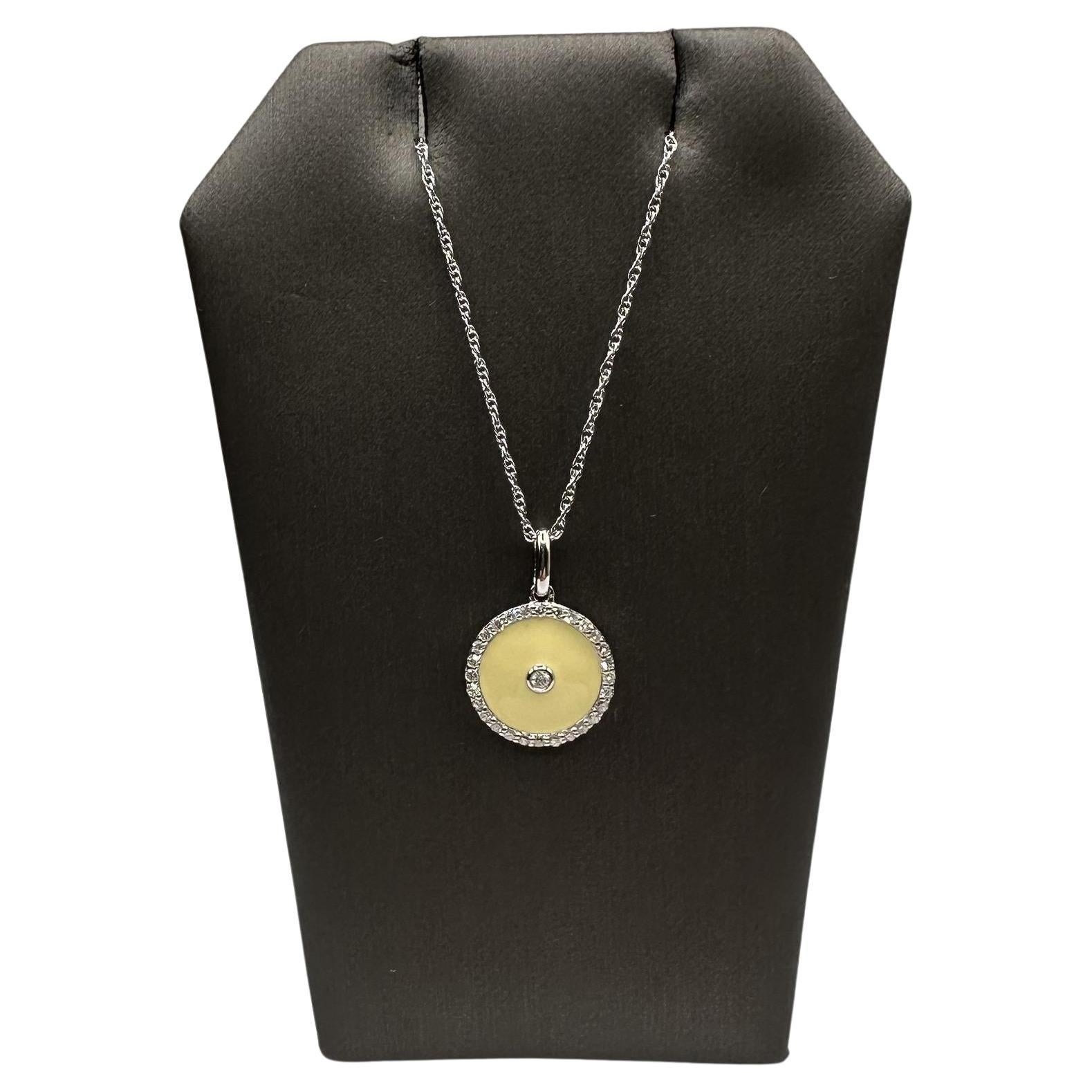Diamond Disc Necklace in Sterling Silver – 0.20ctw Diamonds, Yellow-Tan Enamel