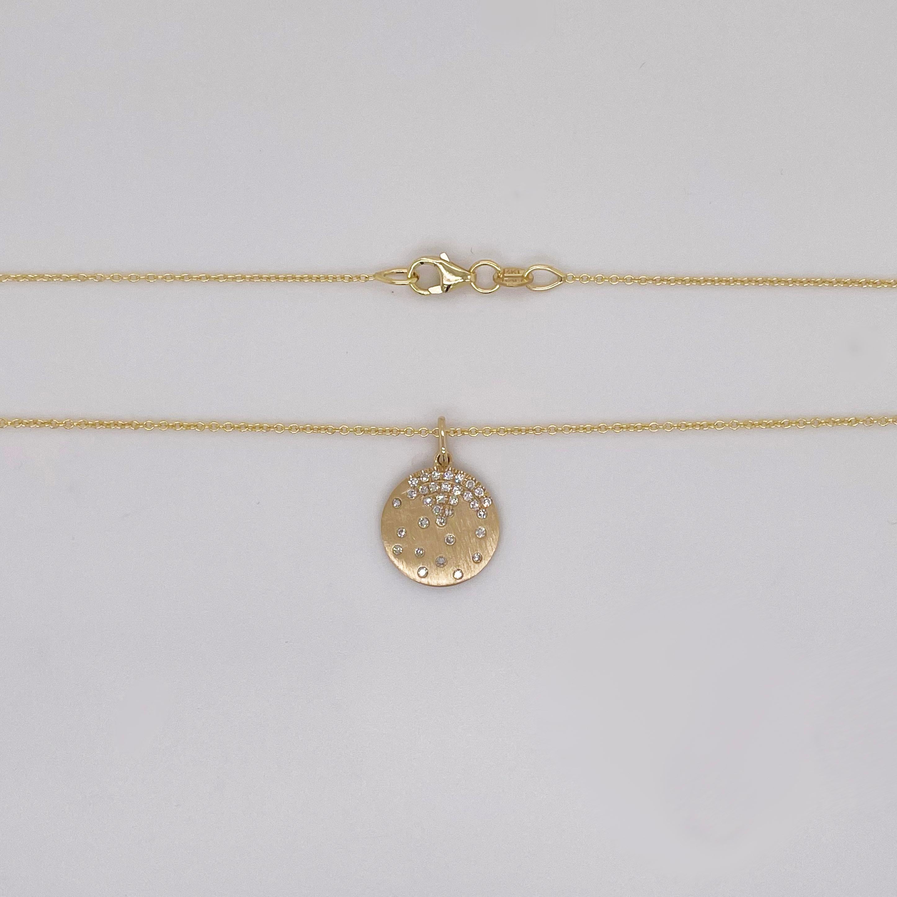 Contemporary Diamond Disc Pendant Necklace, Yellow Gold, Satin Finish Flush Set Pendant For Sale