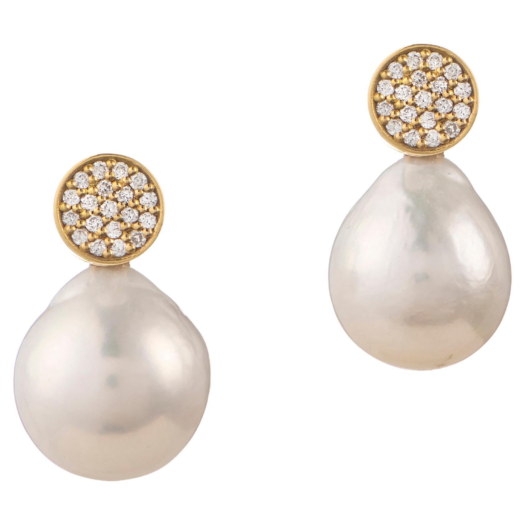 Diamond MICROPAVE earrings 0.20CTS with Detachable Baroque Pearls, 18K Gold For Sale