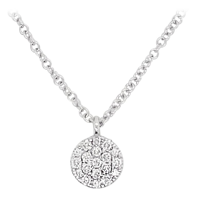Diamond Disk Necklace, 14 Karat White Gold, Round Pave Diamond Disk