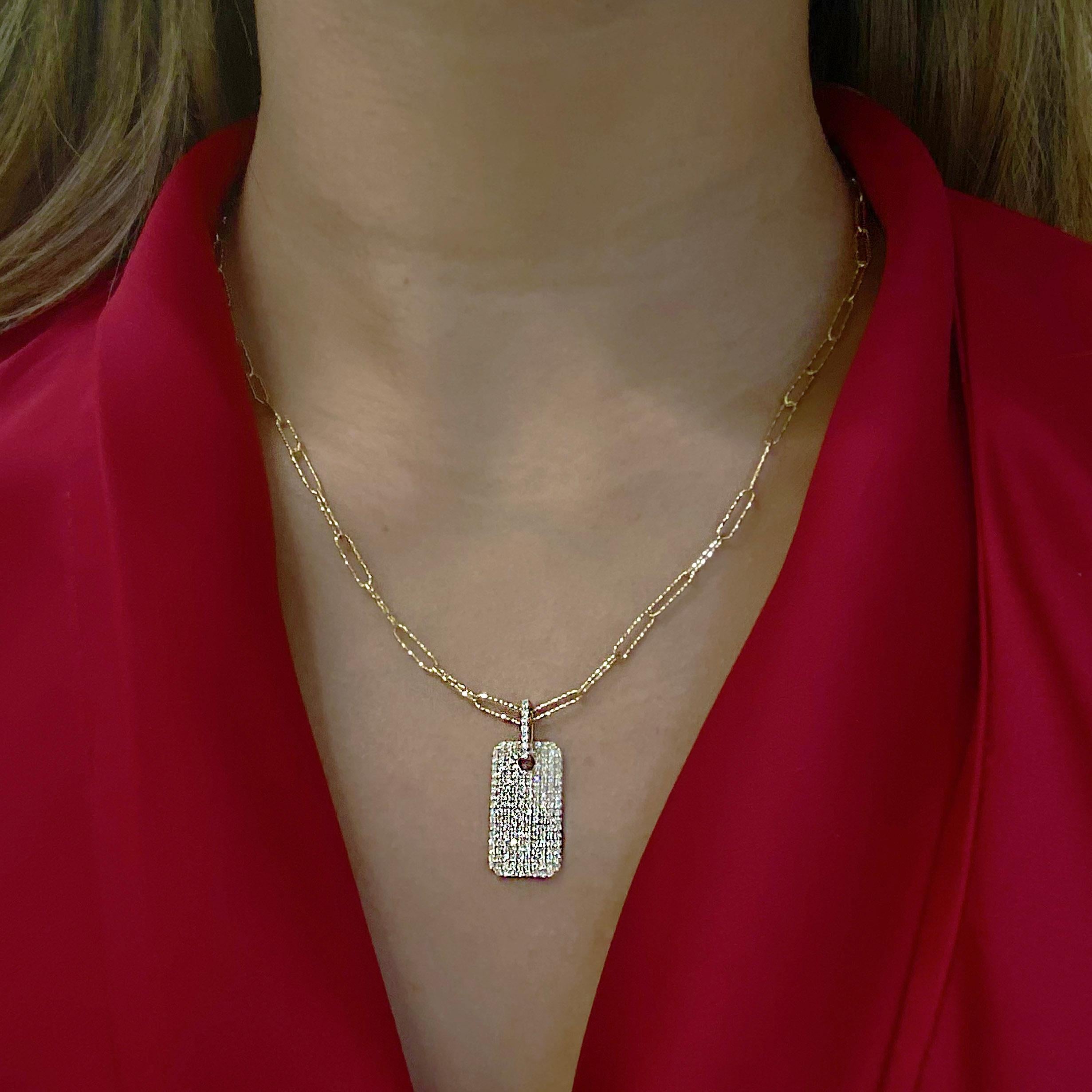 Contemporary Diamond Dog Tag Necklace, Diamond Cut Paperclip Chain, 1ct Pave Diamonds Dog Tag For Sale