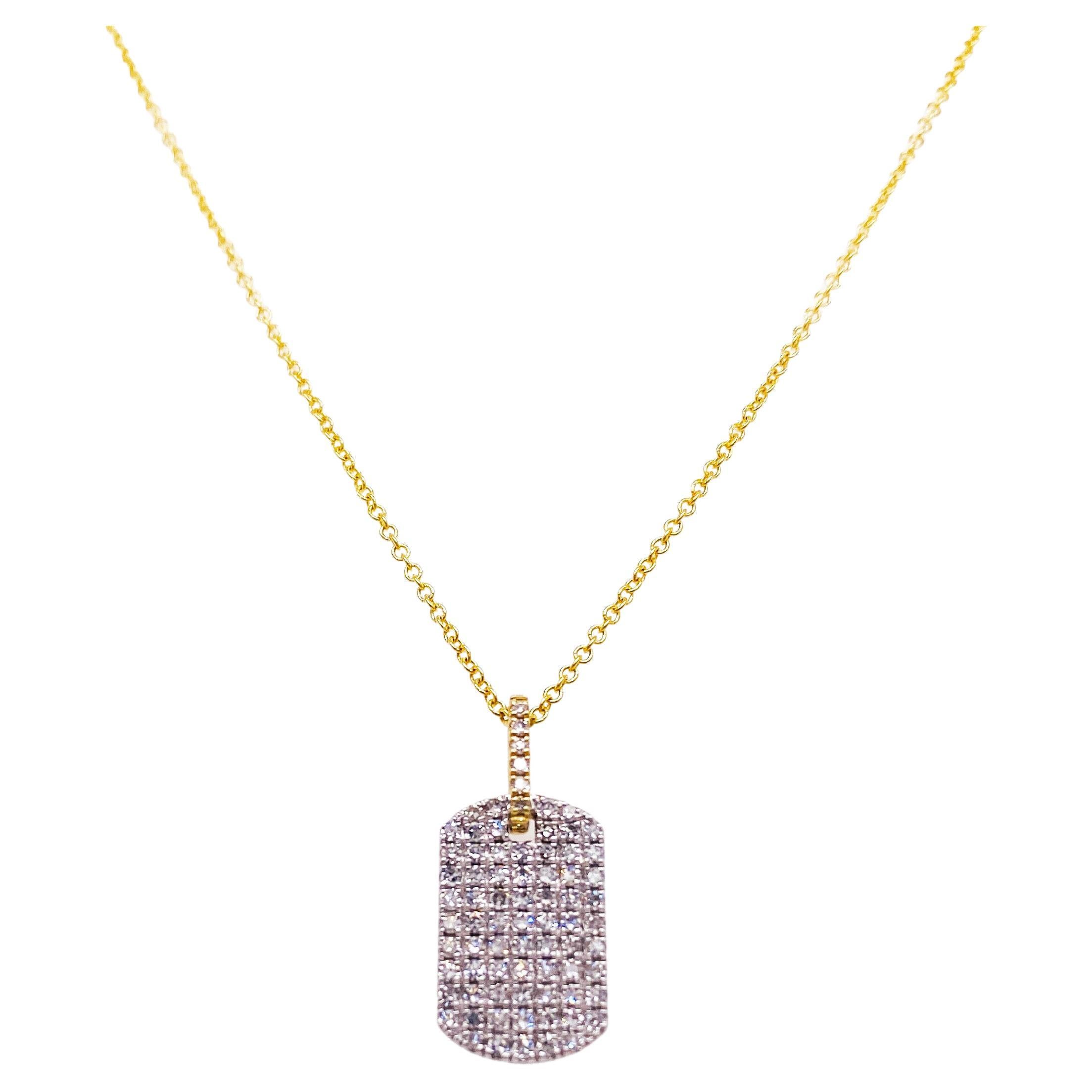 Diamond Dog Tag Necklace w 77 Diamonds on Tag & Bail in Solid 14K Yellow Gold  For Sale