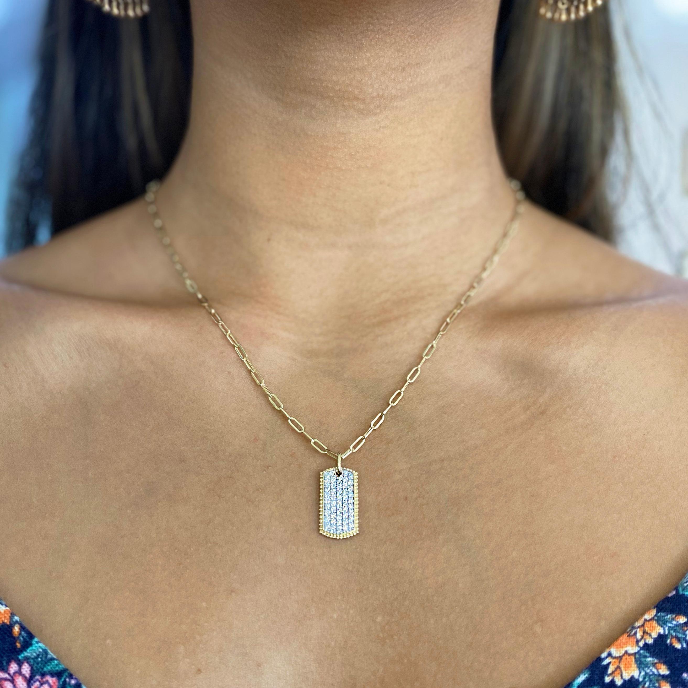 Gorgeous pave diamond paperclip necklace! The paperclip chain is the hottest trend in today's fashion. This is paired with our latest diamond pendant design, a pave dog tag! The genuine, natural diamonds are set in white gold pave prong settings