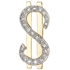 Diamond Dollar Sign Pendant Charm Vintage 14 Karat Yellow Gold Currency Jewelry