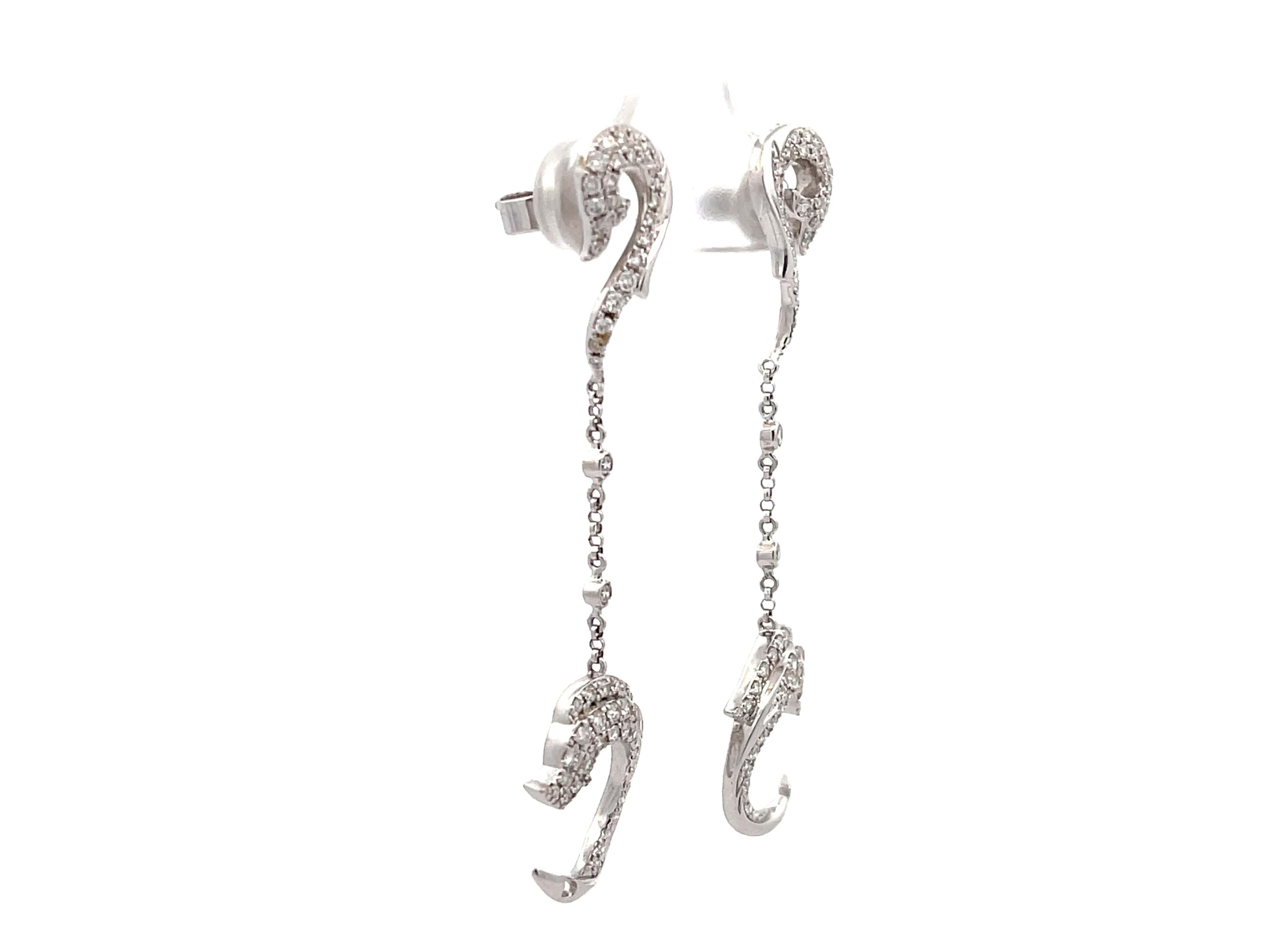 Modern Diamond Dolphin Dangly Drop Earrings 18K Solid White Gold For Sale