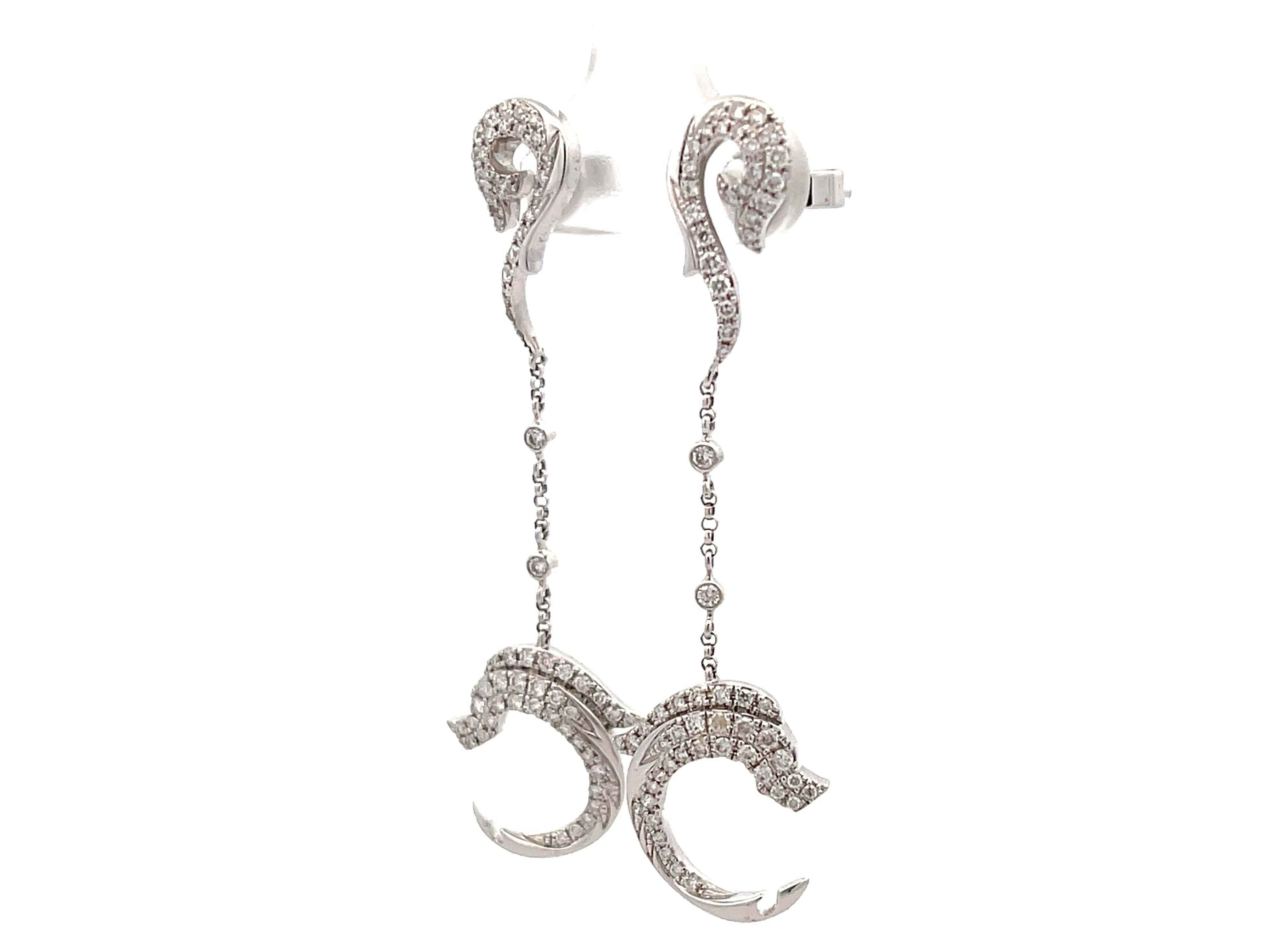Brilliant Cut Diamond Dolphin Dangly Drop Earrings 18K Solid White Gold For Sale