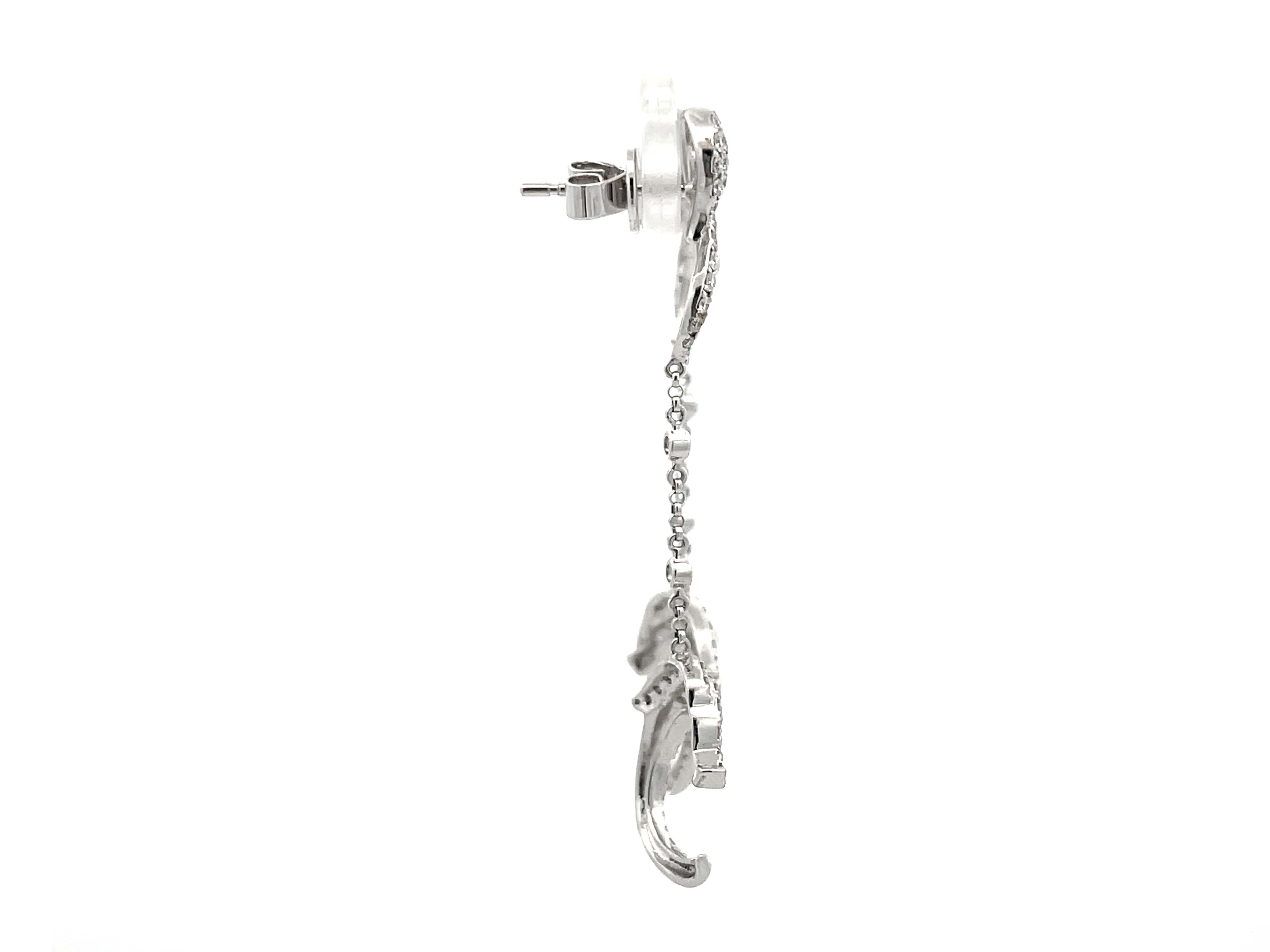 Diamond Dolphin Dangly Drop Earrings 18K Solid White Gold In New Condition For Sale In Honolulu, HI