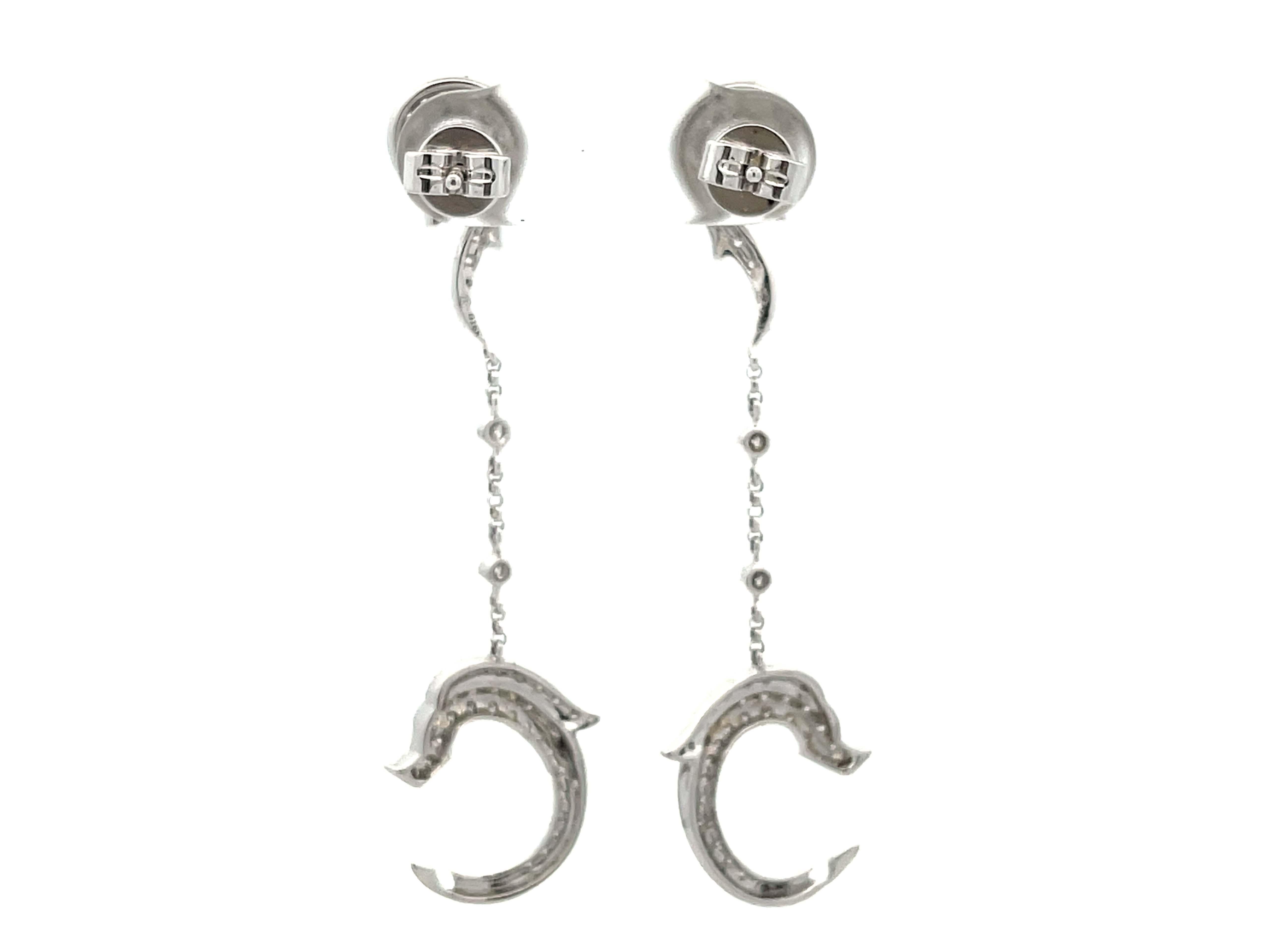 Diamond Dolphin Dangly Drop Earrings 18K Solid White Gold For Sale 1