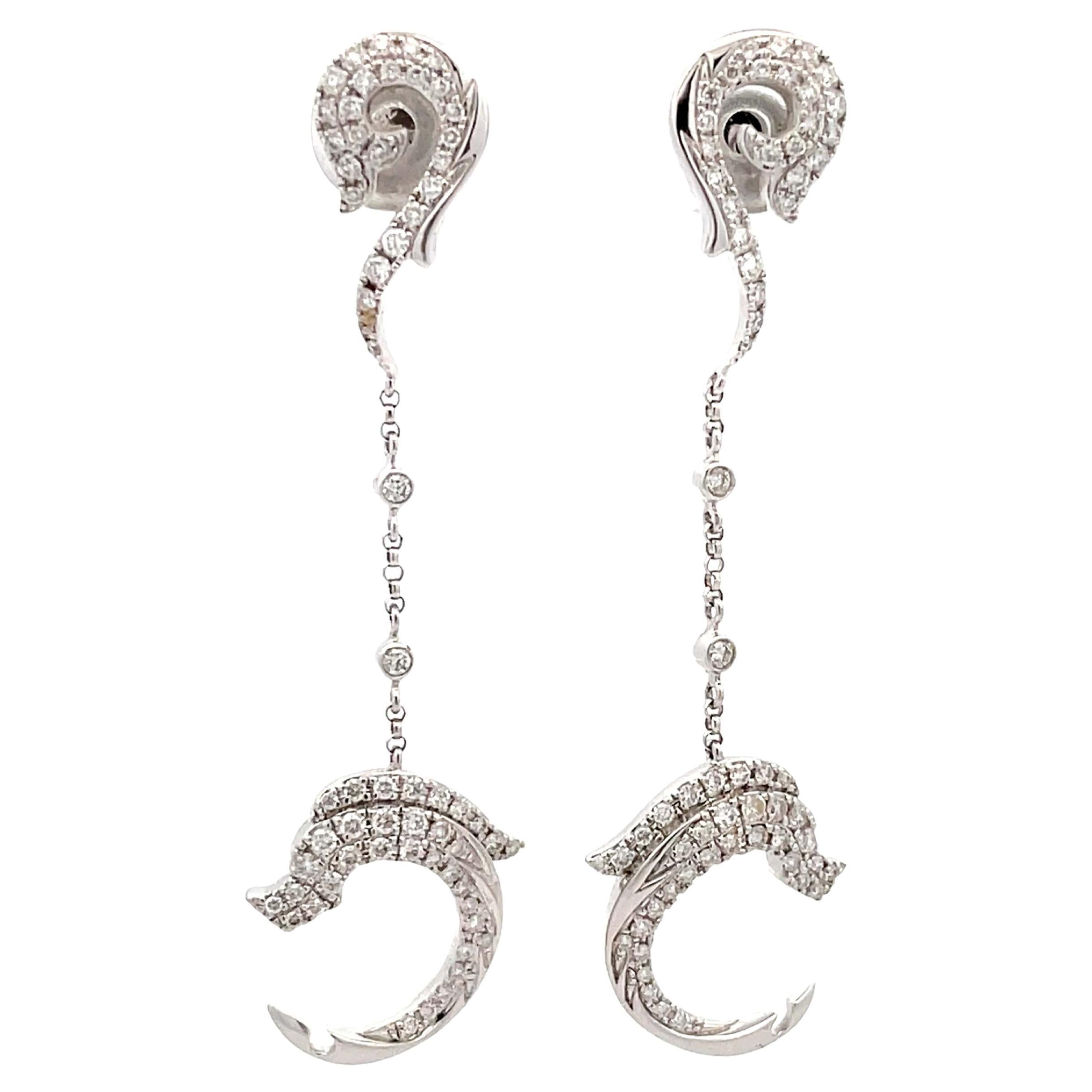 Diamond Dolphin Dangly Drop Earrings 18K Solid White Gold