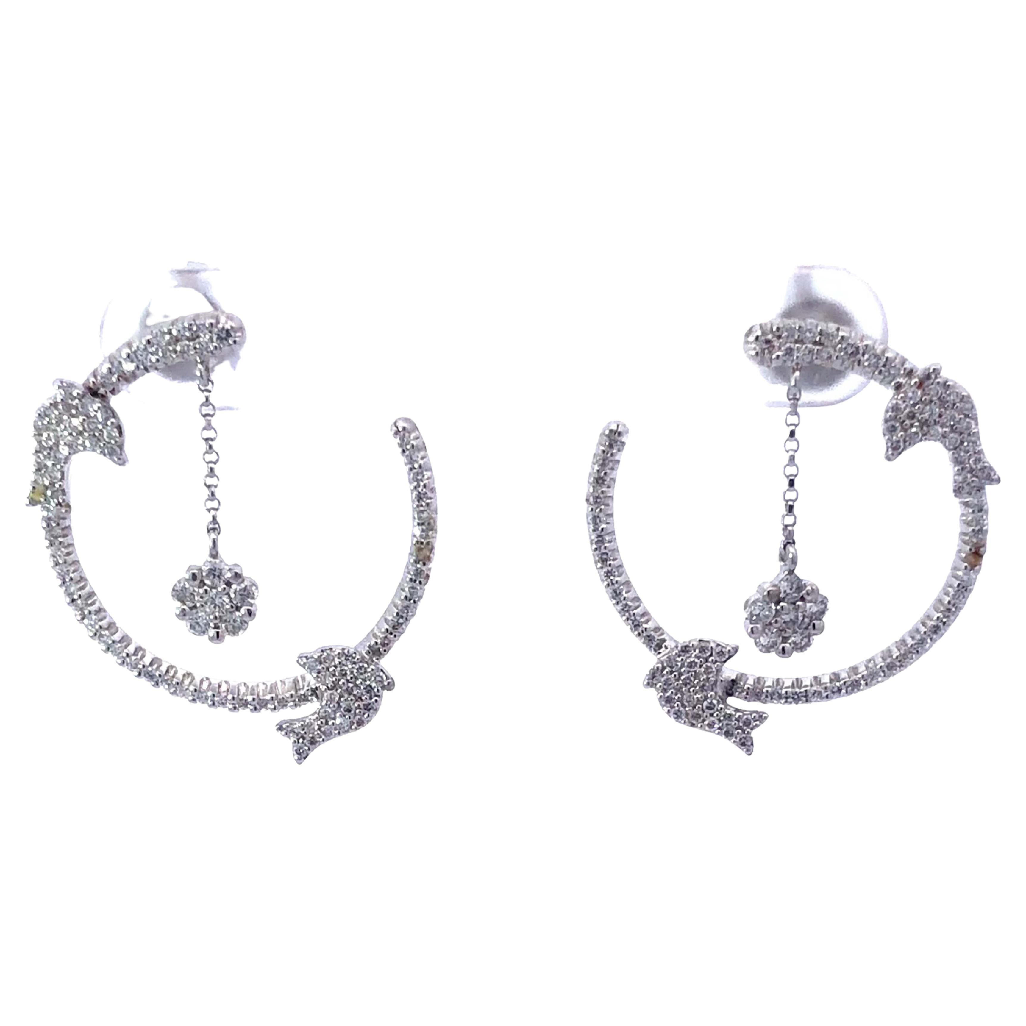 Diamond Dolphin Hoop Earrings in 18K White Gold For Sale
