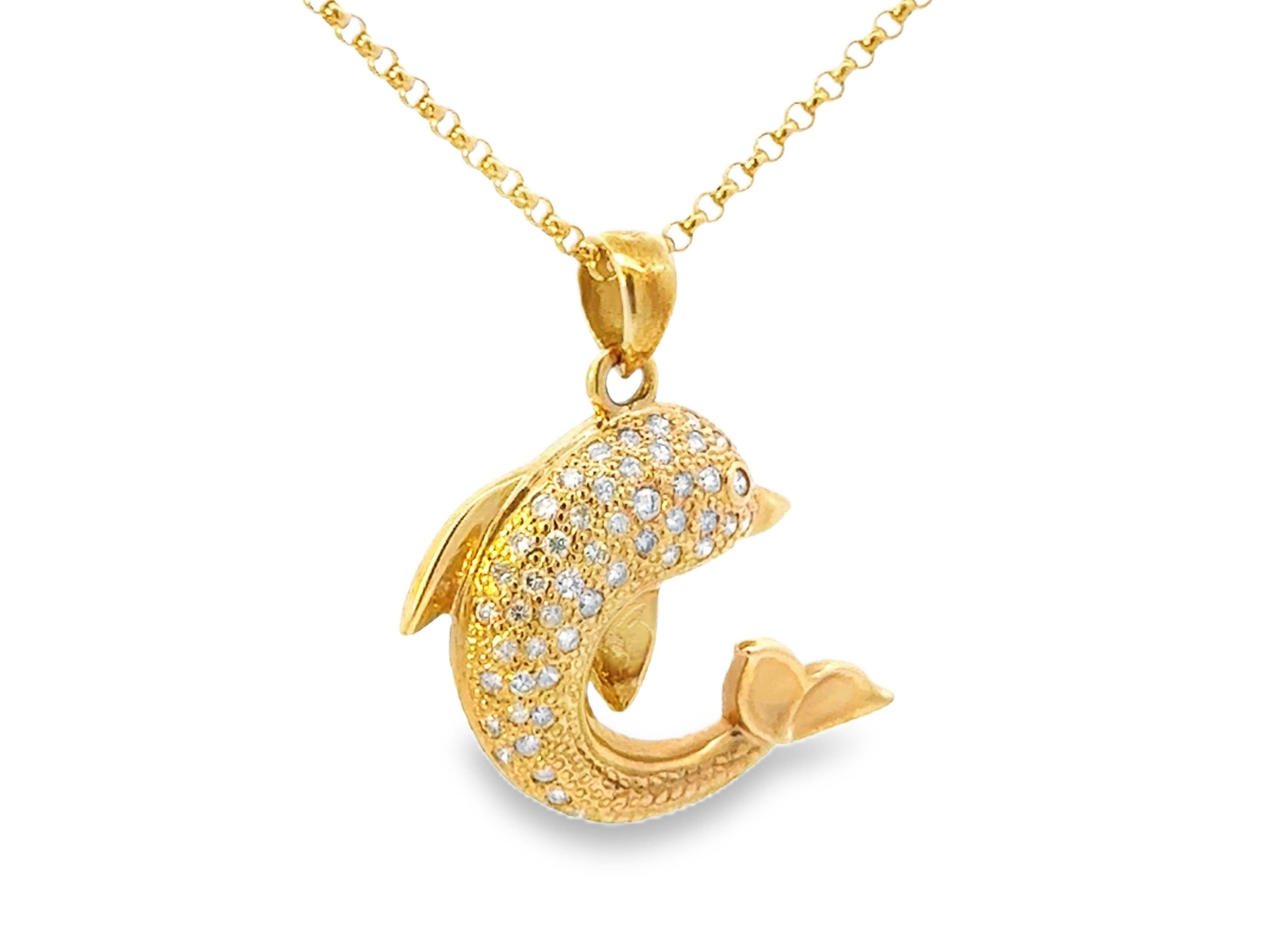 Modern Diamond Dolphin Necklace 14k Yellow Gold For Sale