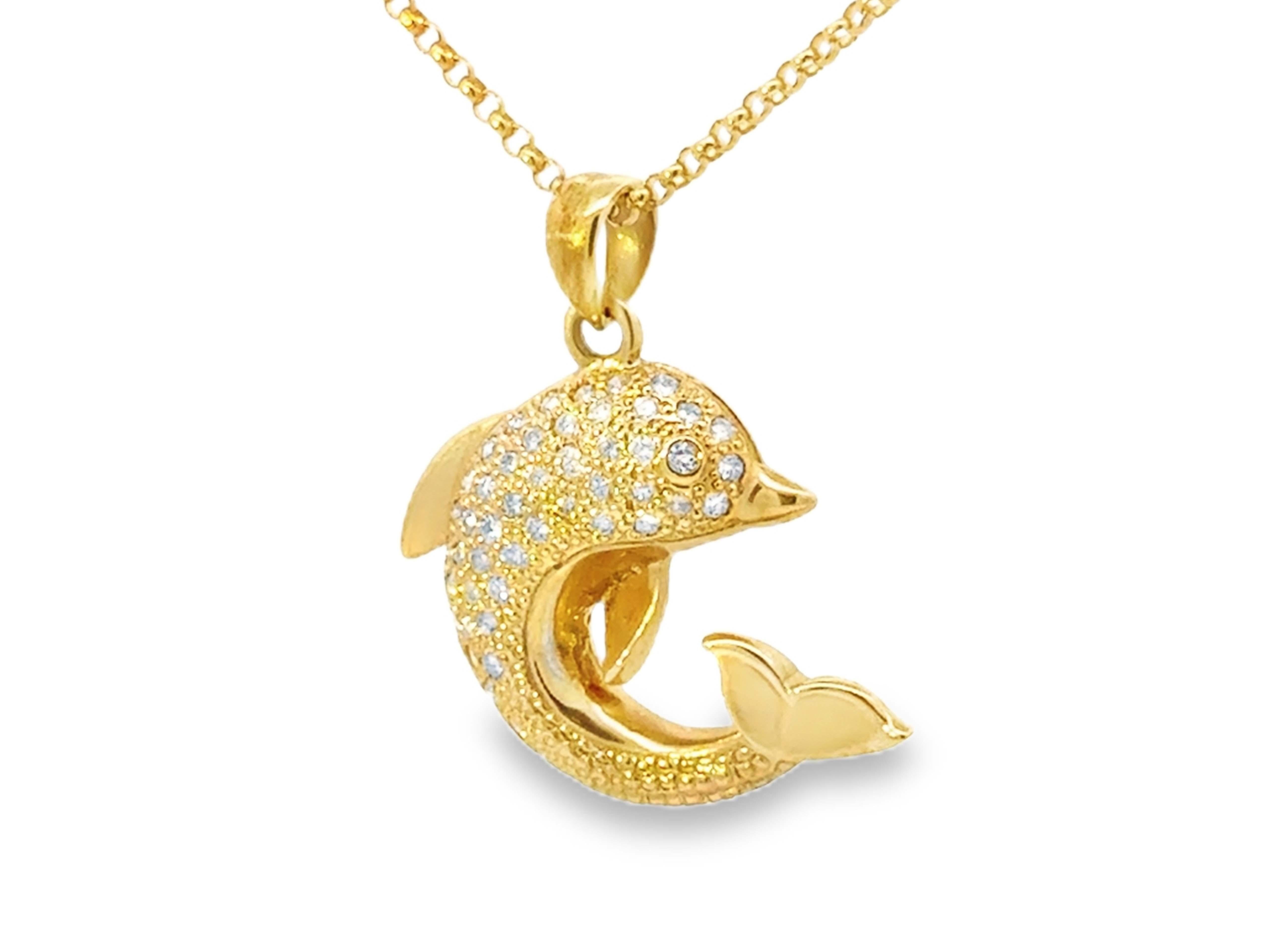 Brilliant Cut Diamond Dolphin Necklace 14k Yellow Gold For Sale