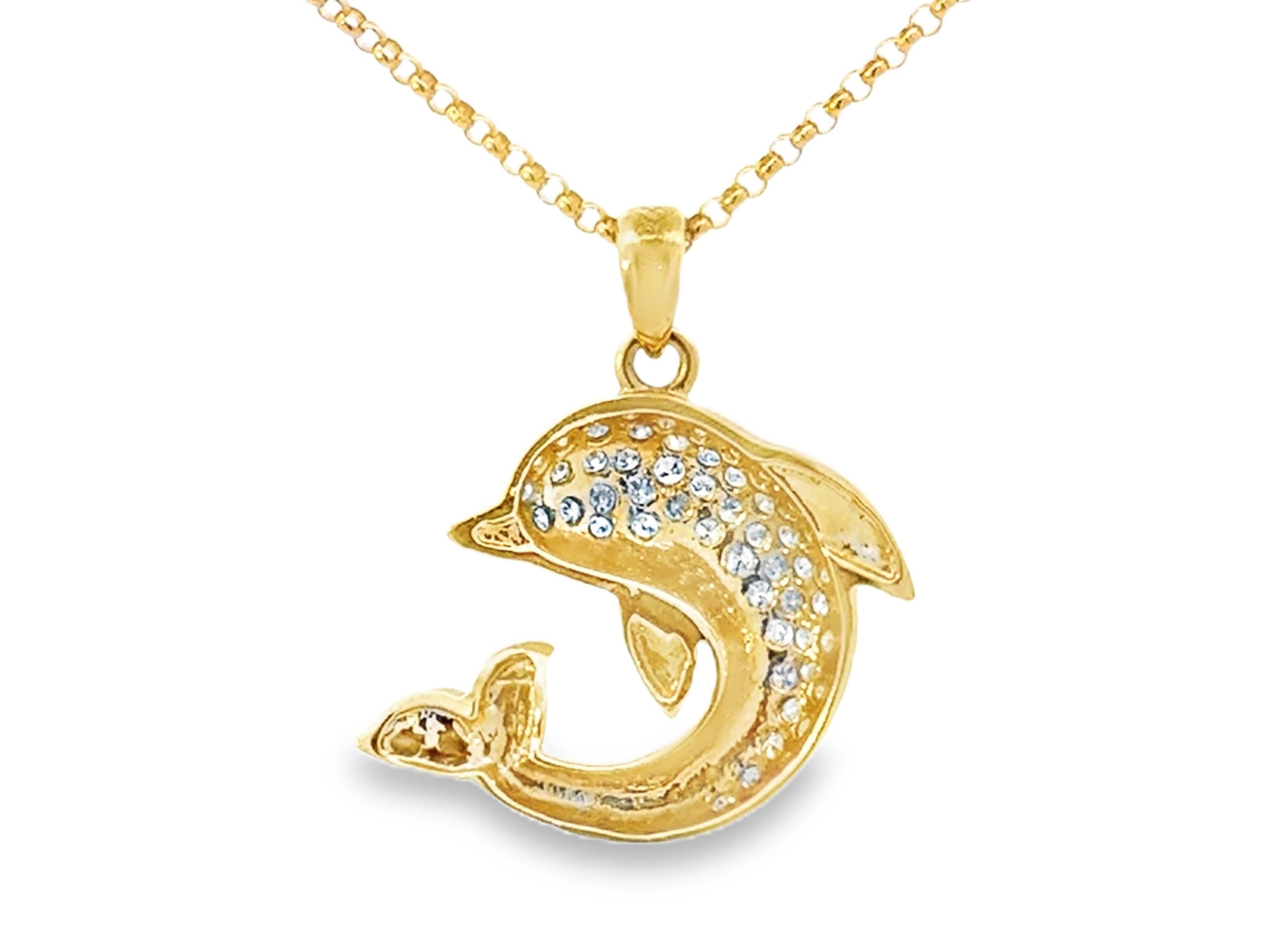 Women's Diamond Dolphin Necklace 14k Yellow Gold For Sale